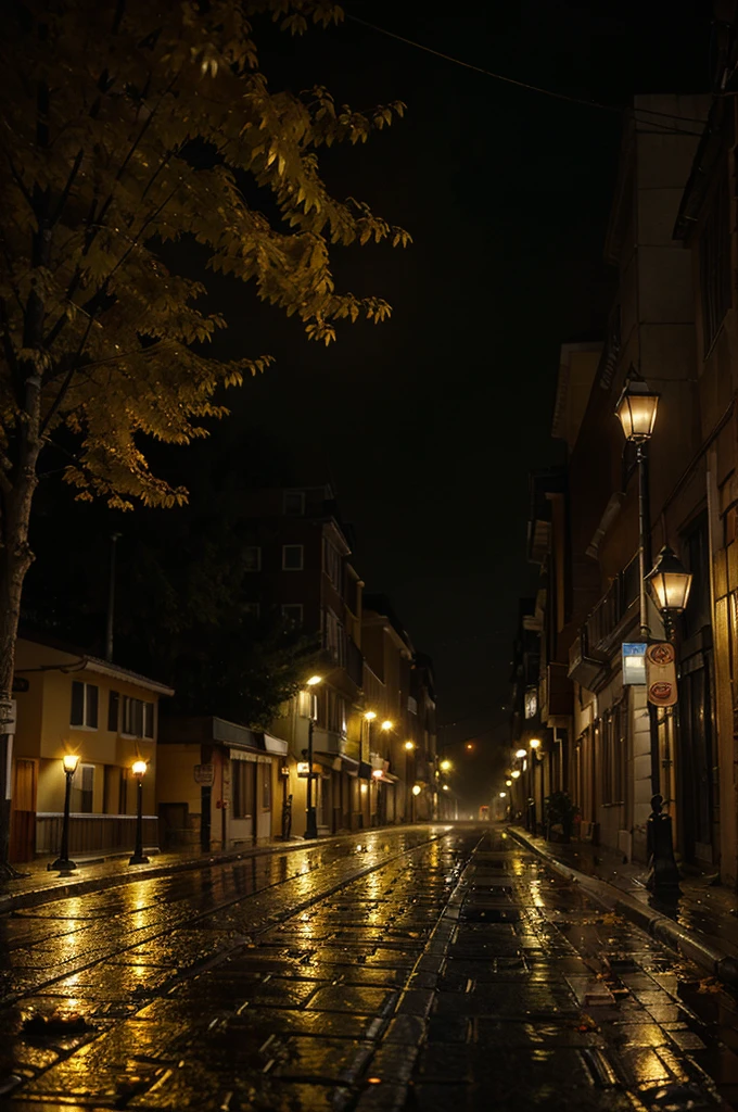 Rainy autmn foggy evening in a small town with golden yellow street lamps with dried leaves and water on the road