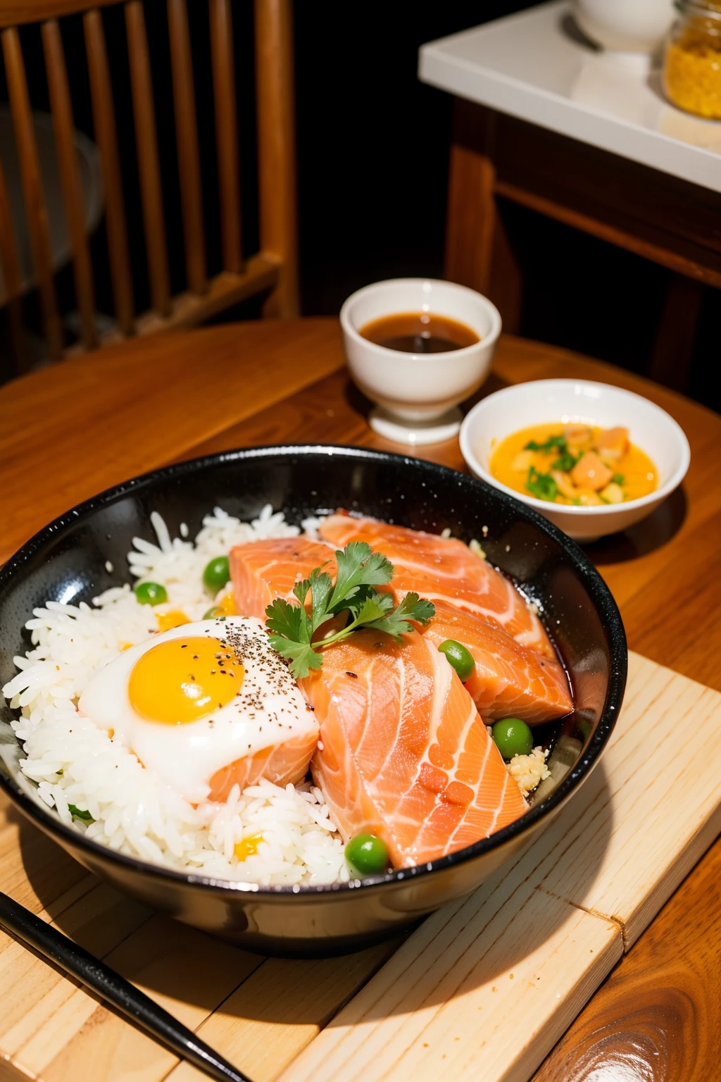 Want a bowl of good-looking Japanese seafood salmon rice and have an appetite，A bowl with colorful black on a wooden table，Bowl with salmon slices、Sea urchin meat、Whole egg yolk、Arctic scallop slices、Salmon roe and some other foods，Sprinkle some seaweed crumbs on top、sesame seeds。There are some deciduous trees on the wooden table