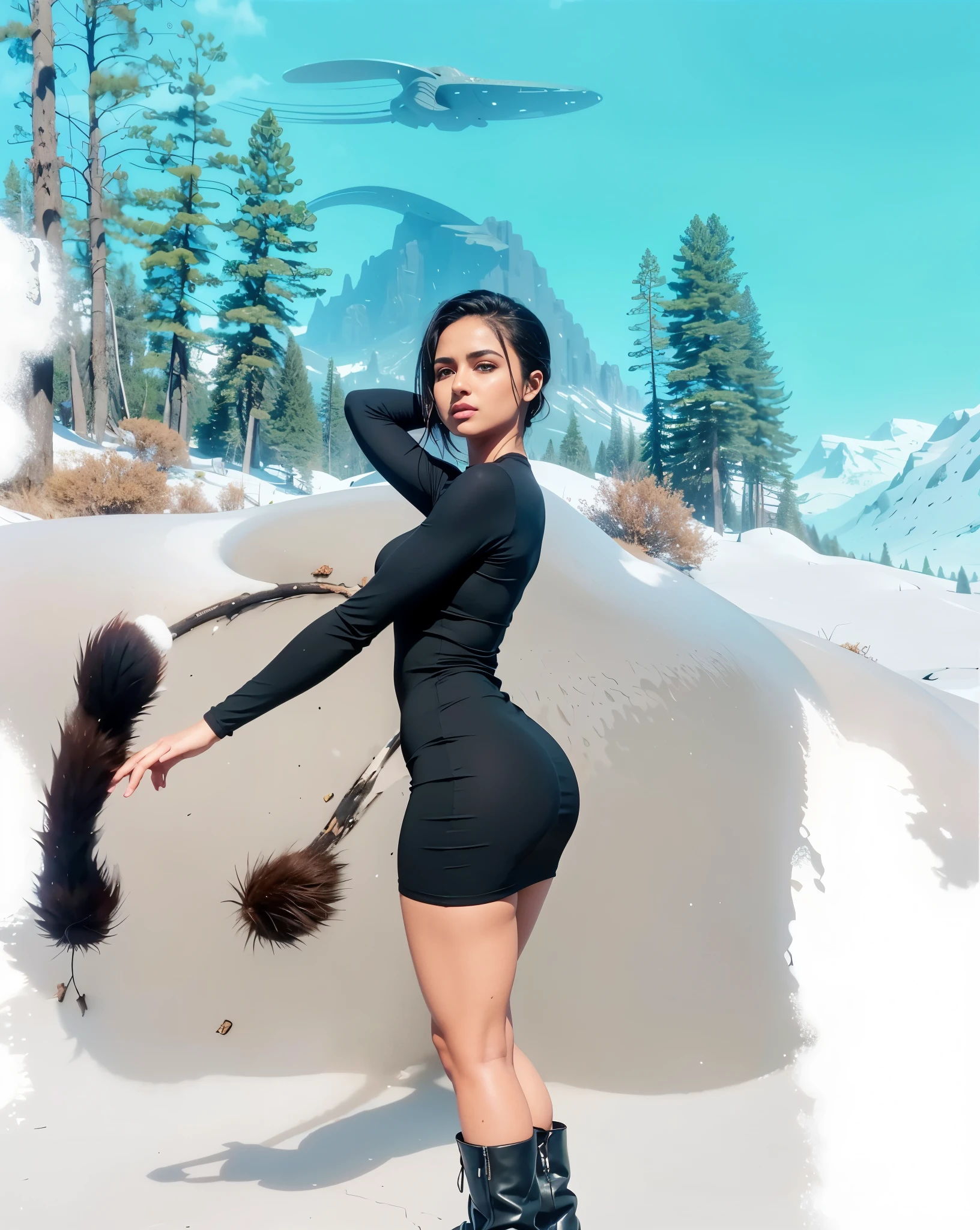 Side view, sky, Beautiful brown girl, (Sasha Calle, Becky G, KIKI Layne, Kylie Jenner, maitreyi ramakrishnan, 18 years), slim waist, beautiful soft thighs, beautiful legs, Wearing tight black cotton-Lycra-fabric long sleeve ((mini dress)), big boots, snow environment, mountains, forest, ((alien beast behind)),  Instagram Vibes, ray tracing, cinematic lighting, shadows, Unreal Engine Graphics, realistic, 