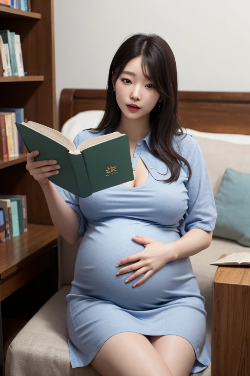 pregnancy,korean,Young Girl,big bust,very large abdomen, wearing a shirt dress,inside,Reading a book,Highly detailed face and skin texture,shoeed