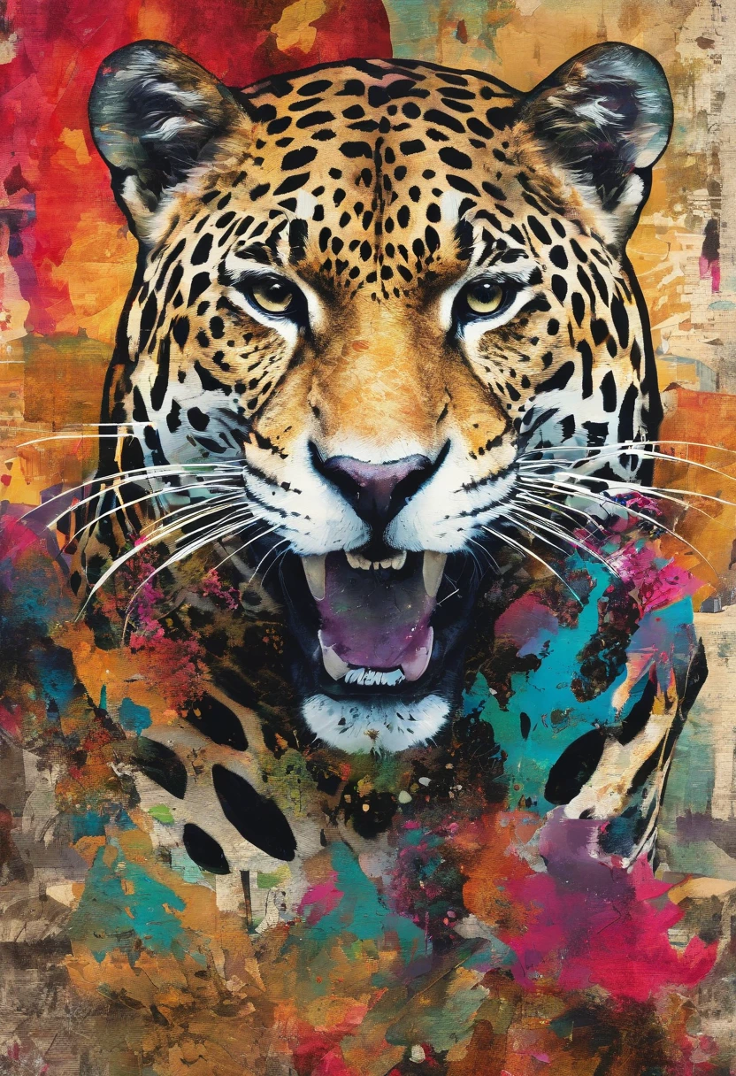 Jaguar noir rugissant, montagne ::2 colorful ink painting ::2 art fantasy