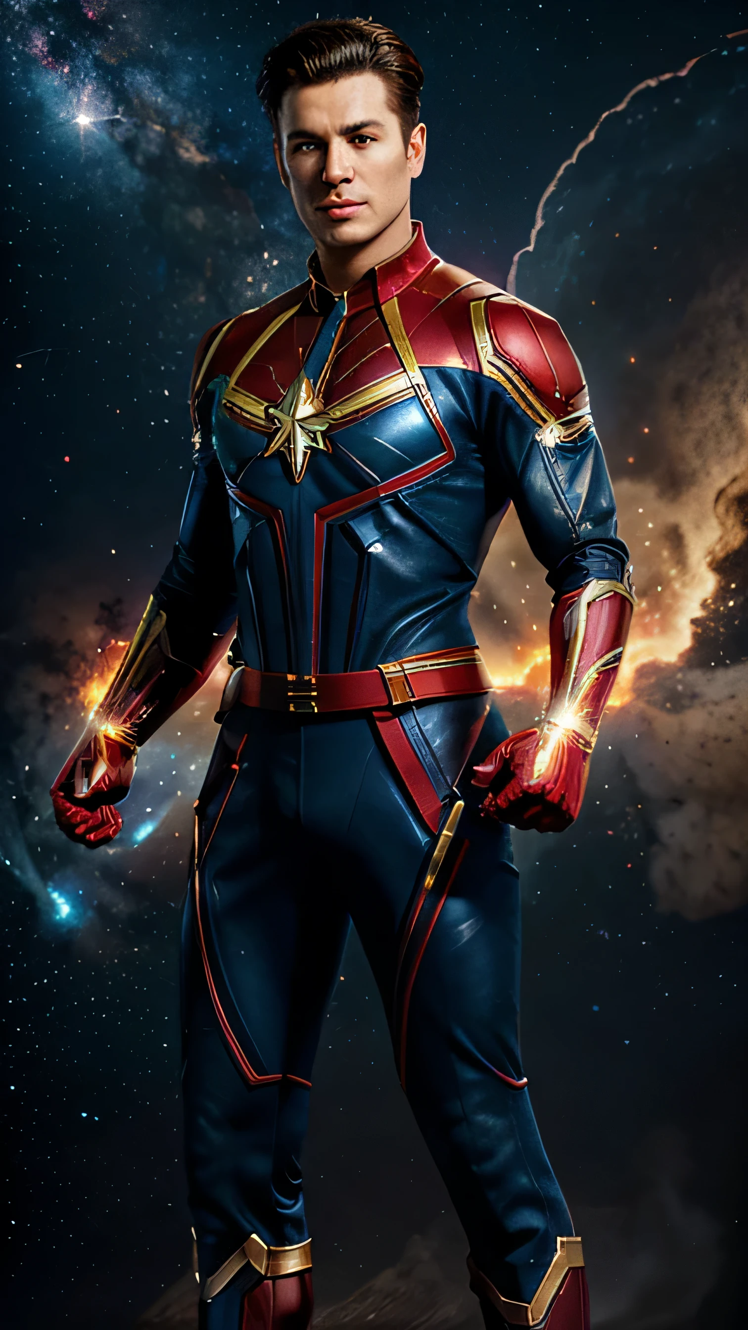 men with captain marvel costume,full body ,power effect on hands, flying ,galaxy background, 4k , detail face