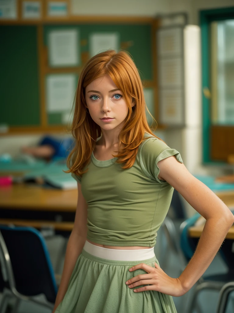 (Alyson Hannigan), slim, skinny, beautiful face, thin face, Irish tween girl fitness model, very small perky breasts, small hips, standing pose, thin legs, ginger hair, freckles, shy pose, (school classroom in background, wearing a crop top Tshirt and short college skirt, ginger hair, shy, 13 year old girl, long legs, narrow waist, narrow hips, slim, beautiful tween girl), (Tween model, 13 years old, young:1.1), Ethereal beautiful, slim, , ginger hair, green eyes, flat perky chests, Soft light, ((David Hamilton Style)), full body picture, masterpiece, Best Quality, Photorealsitic, 8K, High resolution, Detailed skin, 8K UHD, Digital SLR, Soft lighting, High quality, Film grain, FUJI XT3,