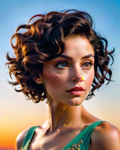 (from below:0.6), portrait photo of woman in clothes, face, short hair, posing, beautiful background, clouds, wind, 8k uhd, high quality, film grain