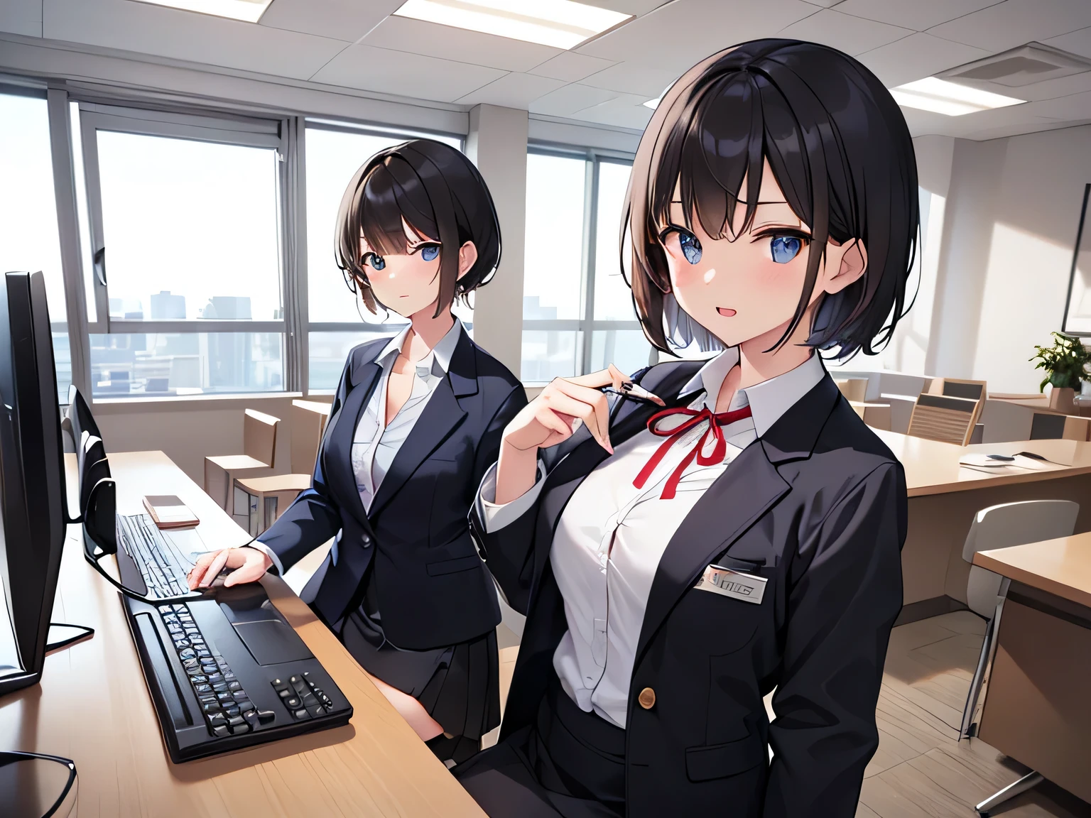 (masterpiece、highest quality、High resolution、realistic pictures、real looking skin:1.1)、
(The company&#39;s receptionist is working while sitting politely in the office chair at the reception desk.:1.8)、
(She has a troubled look:1.5)、
(She is wearing a white reception blazer and miniskirt set.:1.8)、
(She is wearing black high heels:1.5)、
(Since I&#39;m working at the reception desk, I have my shirt buttoned up to the first button, a ribbon around my neck, and all the buttons on my blazer are fastened.:1.8)、
(black short hair:1.5)、
(The location is an office chair at the reception desk of the general reception center.:1.5)、
1 Japanese girl、solo、full body esbian、beautiful eyes、shining eyes、Shining thighs、NSFW