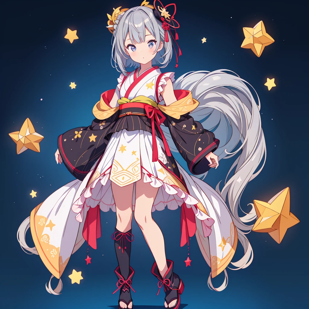 highest quality、8K,handsome face、vtuber-halfbody、A picture of the front straight towards the viewer、Star Fairy、Full body front portrait、front、1girl,highest quality、masterpiece、official art、Super detailed、super beautiful、Cute Star Fairy、Gray hair straight ショートヘア、Milky Way、universe、star charm、star、baby face、Knee-high boots、Japanese pattern dress、A beautiful girl wearing black and white clothes that are a remake of a yukata.、Oiran frill dress reminiscent of universe、Colorful portraits
