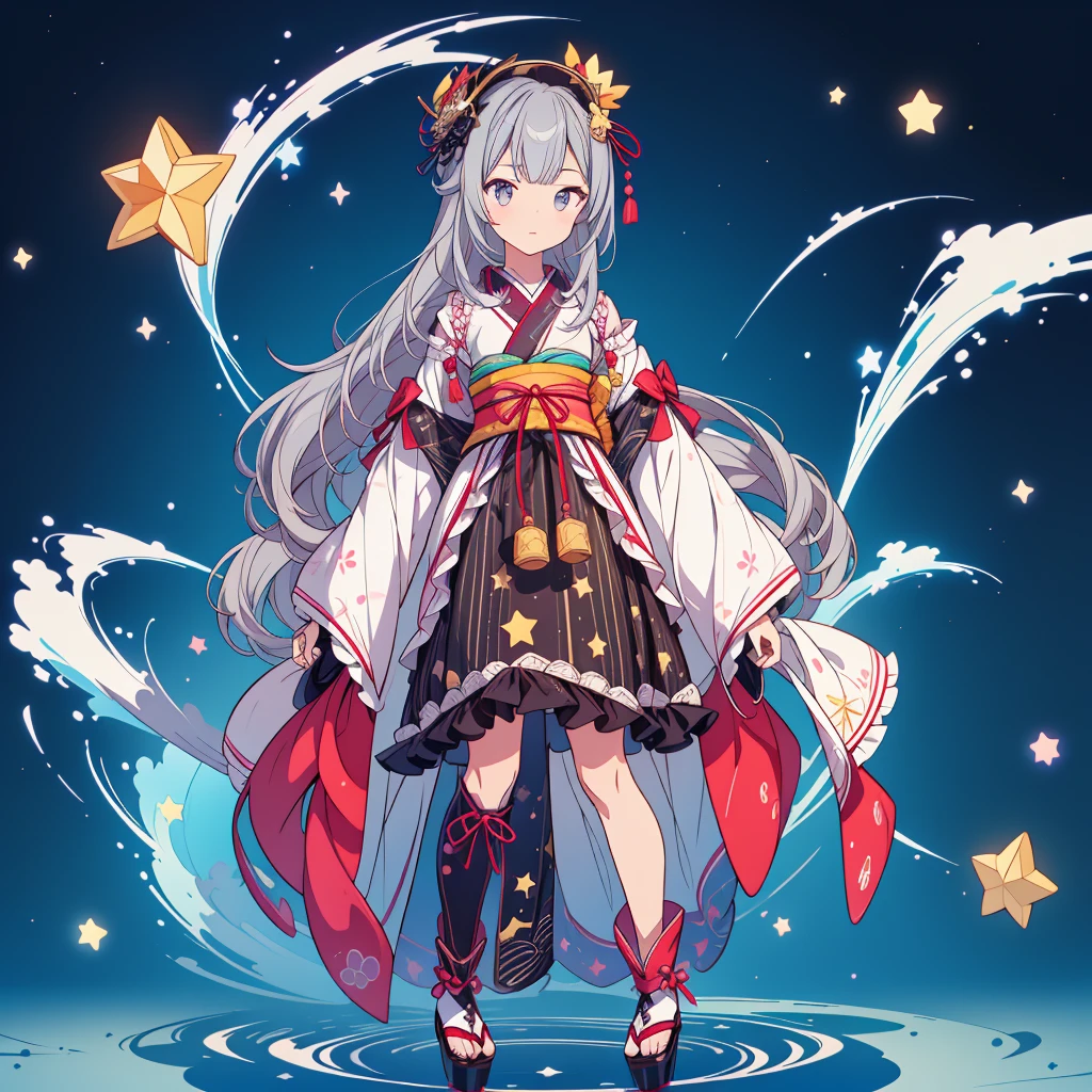 highest quality、８K,handsome face、vtuber-halfbody、A picture of the front straight towards the viewer、Star Fairy、Full body front portrait、front、1girl,highest quality、masterpiece、official art、Super detailed、super beautiful、Cute Star Fairy、Gray hair straight ショートヘア、Milky Way、universe、star charm、star、baby face、Knee-high boots、Japanese pattern dress、A beautiful girl wearing black and white clothes that are a remake of a yukata.、Oiran frill dress reminiscent of universe、Colorful portraits