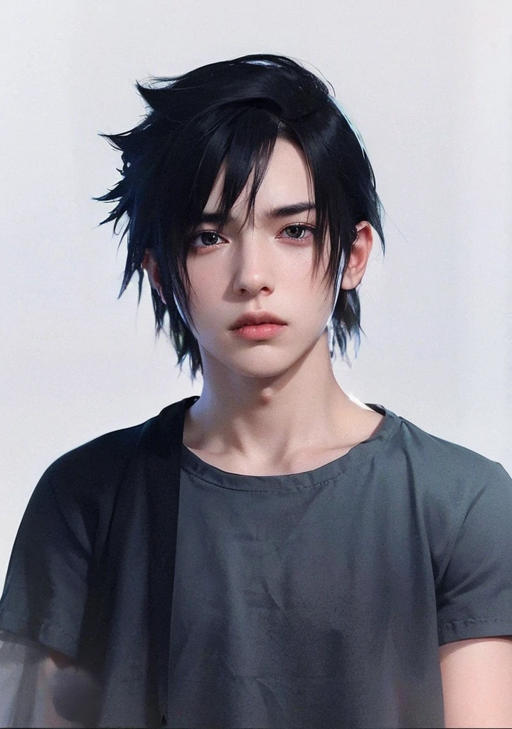 young man, pale skin, spiky black hair, black eyes, big lips, white clothes, Sasuke Uchiha, realistic, 3d, forest, sword