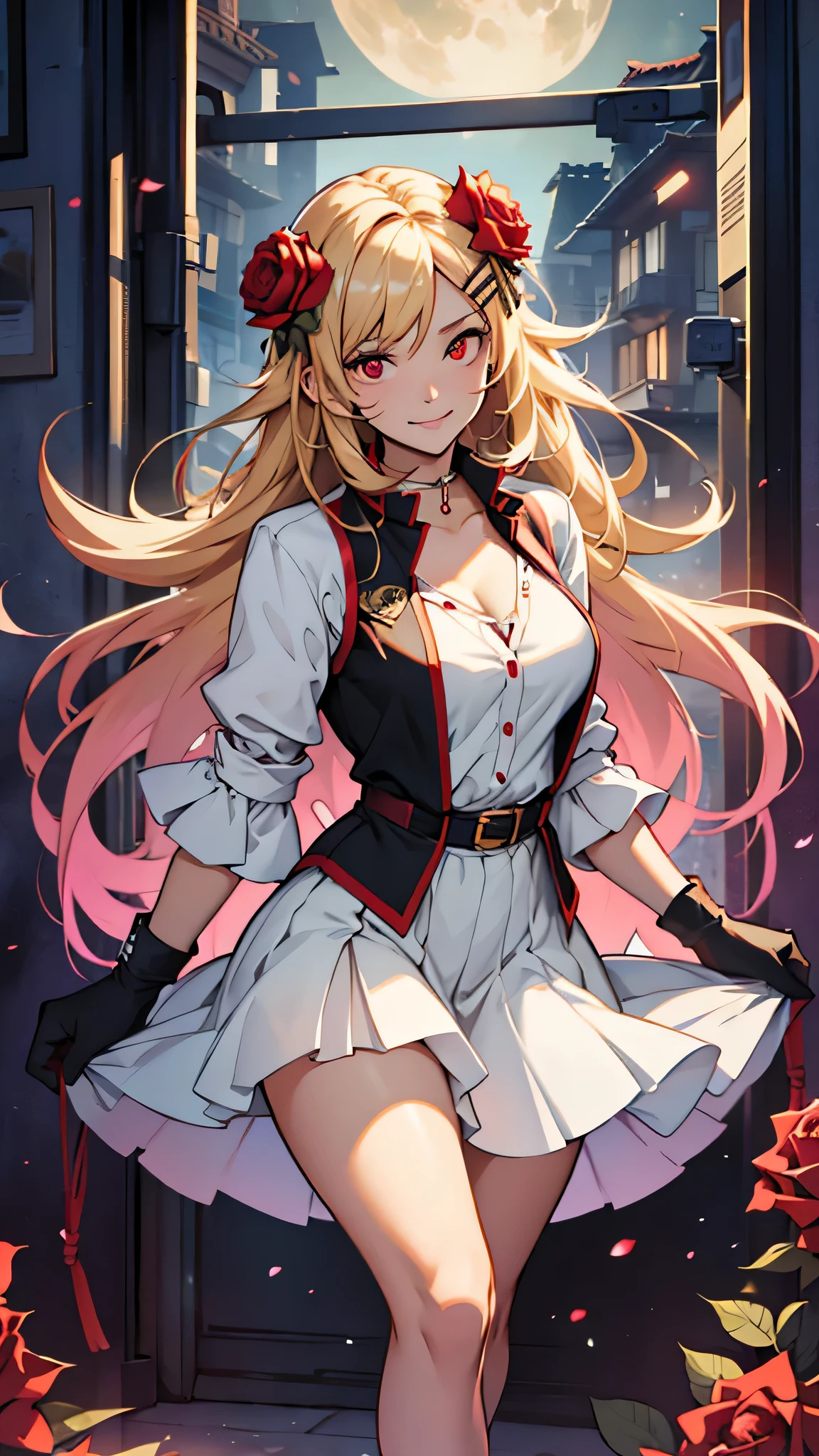 最high quality、best image quality、masterpiece、girl((18-year-old、 By becoming、vest bust、medium bust,wide open breast tea、red glowing eyes, blonde、messy hair、long hair、thin,highest valley、Show the whole body、white dress、long skirt、open chest、White wristband、red shoes、sexy、smile、Leaning forward、rose hair ornament、Holding a handgun、Whole body return blood)),high quality、beautiful art、background((In the office at night))、Flight、debris flies、Depth of written boundary、movie、visual art、perfect art、8K,genuine、