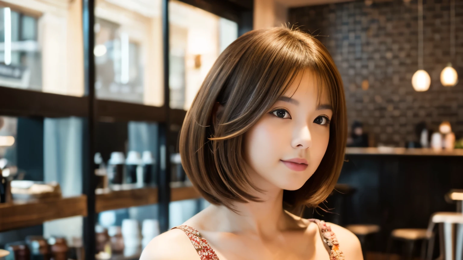 Realistic female beauty salon model, bob style hairstyle、Inside the cafe, Inside a stylish cafe
