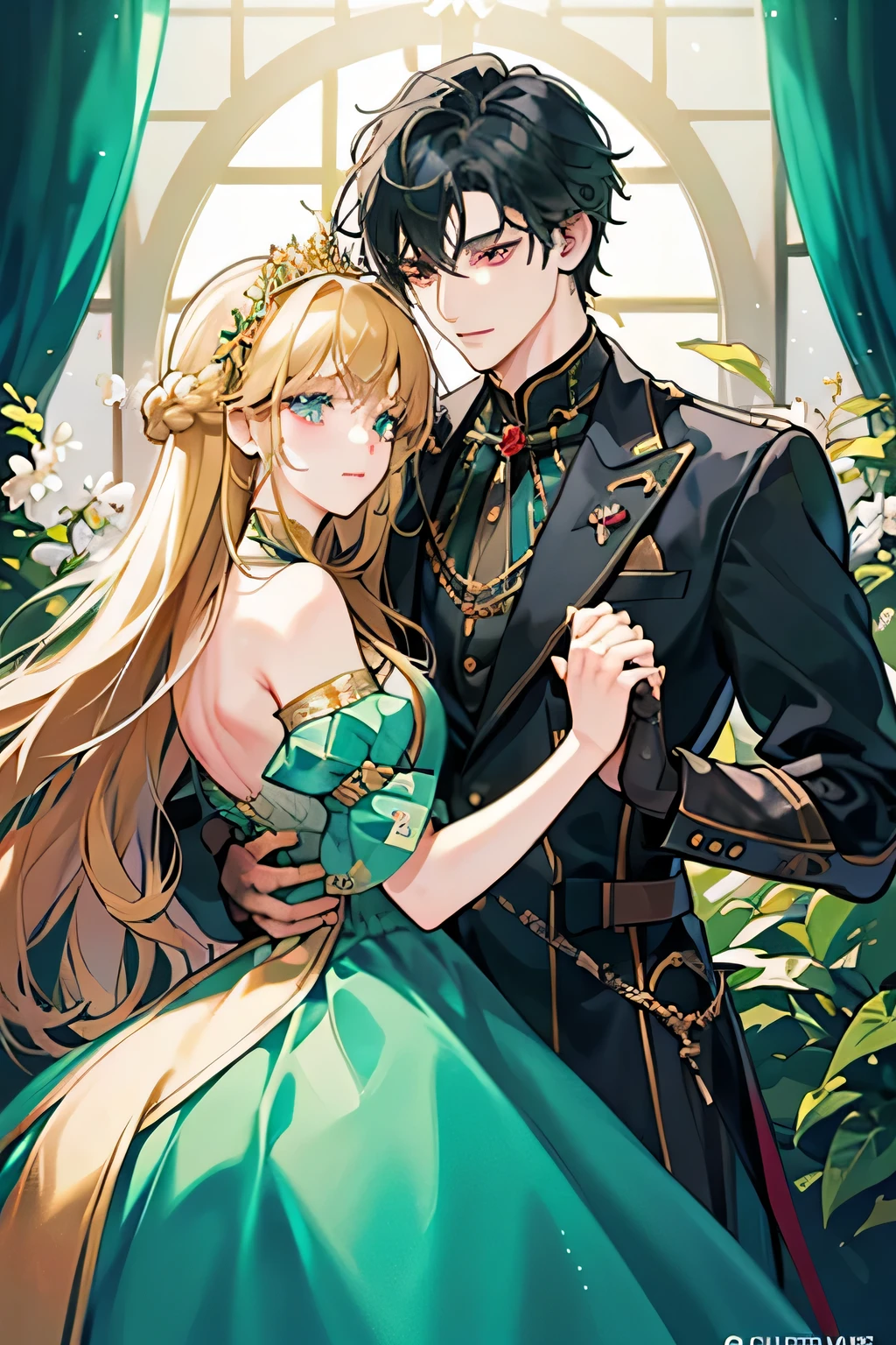 (mAsterpiece, A couple, high quAlity, best quAlity) The royAl couple during the dAnce, The Guy is A perfect blond, blue-eyed AristocrAt gAve the impression of untouchAbility due to his overly bright  feAtures.A girl with long blAck hAir, Red eyes. Very close to eAch other. A girl in A beAutiful dArk green dress, A beAutiful figure, very close to A guy, Hug with excitement, moonlight, beAutiful  feAtures, , novel, couple, elegAnce. the cover of A novel for Adults, good quAlity, sensuAl pose, Sensual look. King's Color,beAutiful Androgynous prince, knight And princess, delicAte Androgynous prince, romAnticism Art style, Anime key visuAl of elegAnt, royAl portrAit, A girl with long blAck hAir, resin-colored hAir, Red eyes, fAir skin, light green dress. BAckground: The royAl gArden At night. Moon lighting. Girl blAck hAir Red eyes, guy golden hAir blue eyes, Age 25, detAiled fAce, mAnly mAn pAssionAtely hugs A girl, A girl is A princess of An enemy country with long blAck hAir And Red eyes, A mAn with golden hAir And blue eyes, contrAsting colors, pAssionAte relAtionship, A girl in A green fitted dress with A neckline, A , mAle king in royAl costume, After the bAll, bAckground of the royAl gArden, The light is cold, intimAcy between A couple, pAssion