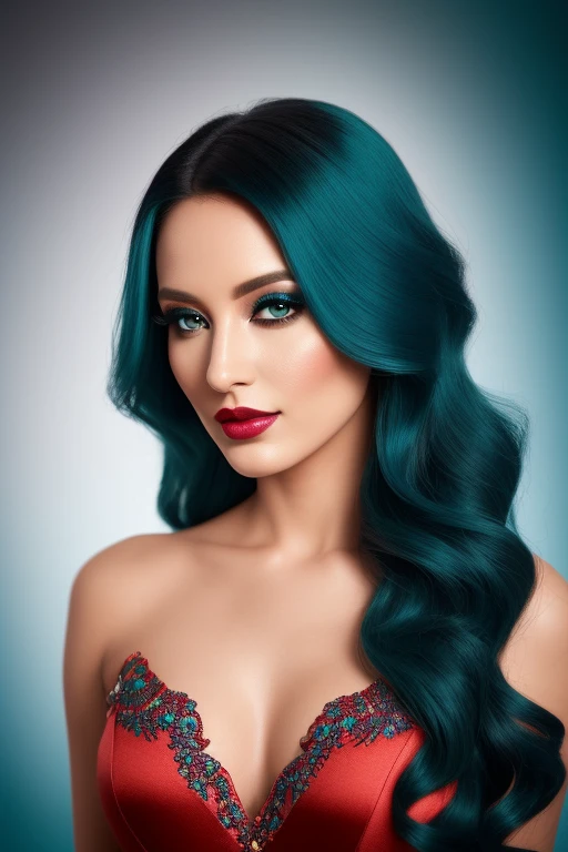 A full body portrait of a captivating 30-year-old model with long, luscious teal hair cascading down her shoulders, her  purple lips forming an inviting smile. AVANT GARDE makeup adorns her features, with a blend of coral and white hues accentuating her eyes, cheekbones, and lips. Desire and temptation radiate from her body, encircled by 50 shades of teal and coral, evoking an otherworldly allure. The image exudes an ethereal quality, with intricate details and rich, vibrant colors that transcend reality. Fine art photography at its finest, this