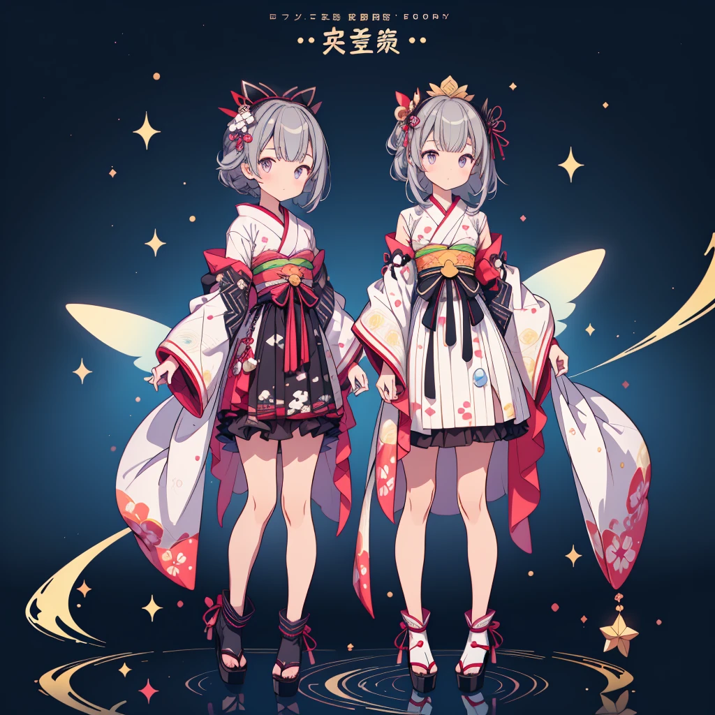 highest quality、８K,handsome face、vtuber-halfbody、A picture of the front straight towards the viewer、Star Fairy、Full body front portrait、front、1girl,highest quality、masterpiece、official art、Super detailed、super beautiful、Cute Star Fairy、Gray hair straight ショート、Milky Way、universe、star charm、star、、Knee-high boots、Japanese pattern dress、A beautiful girl wearing black and white clothes that are a remake of a yukata.、Oiran frill dress reminiscent of universe、Colorful portraits