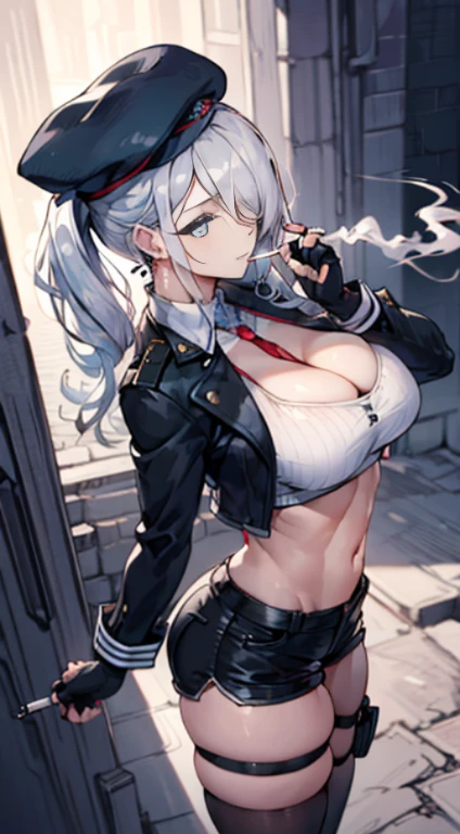 29 years old, (milf:0.8), (solo:1.5), (sfw:1.25), sexy breast, beautiful breasts, medium tits, thin waist, big ass:1.0, Raised sexy, (black beret, black jacket, open clothes, cleavage, midriff, black shorts, black thighhighs, thigh strap, fingerless gloves, single glove:1.2), blue eyes, light smile, big , Revimpling fabric, earrings, Hand gloves, detailed face,(smoking a cigarette:1.0),long hair,side ponytail,hair between eyes,bangs,detailed and beautiful eyes,beautiful detailed lips,Rolling her eyes,manner,hair over one eye, (ultra high resolution, 8K RAW photo, photo realistics, thin outline:1.3, clear focus), best qualtiy, natural lighting, textile shading, field depth, (Bright pupils, fine detailed beautiful eyes with highlight:1.3, high detailed face), Red lip, fine realistic skins:1.1, looking down viewers:1.3, (dynamic angle:1.3, front view:1.1, breast focus:1.3, from above:1.2), (dynamic posing:1.5, sexy posing:1.2),Youghal, side lock, hair ornaments,nice,garden background,artistic rendering,Super detailed,(highest quality,4k,8K,High resolution,masterpiece:1.2),Bright colors,studio lighting ,at military base in usa