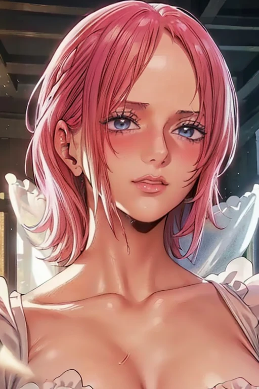 (((masterpiece))), (((best quality))), ((ultra-detailed)), (highly detailed CG illustration), vinsmoke reiju, (nsfw:1.4), (masterpiece:1.5), Detailed Photo, Sexy, (Best Quality: 1.4), (1girl), Beautiful Face, (Pink Hair, short Hair: 1.3), Beautiful Hairstyle, beautiful detail eyes, (realistic skin), beautiful skin, absurd, attractive, ultra high resolution, high definition, (sexually aroused:1.5), Pinkish white skin, cool white light, sexy pose, Beautiful , white background, pink soft white light, Wear a white dress, (Hair covering right eye: 1.5), wife, incoming face, kissing camera