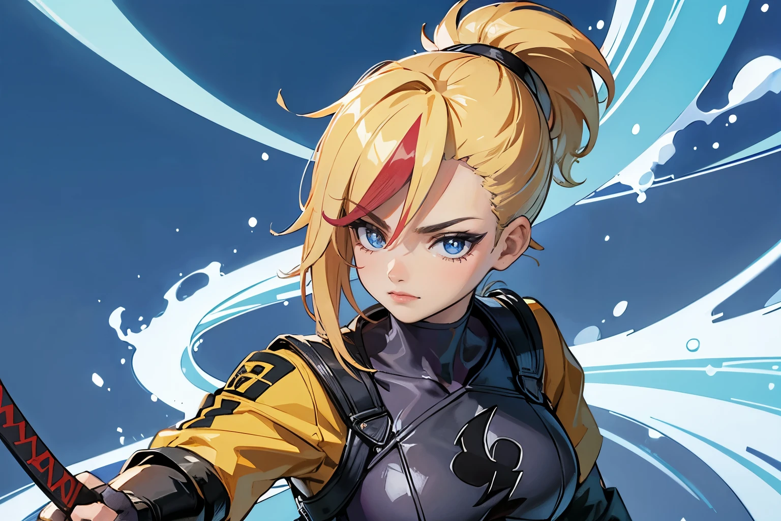 Folha de modelo de pose, loiro, olhos azuis, hero pose, esperando ansiosamente, Melhor qualidade, obra de arte, anime, garota samurai