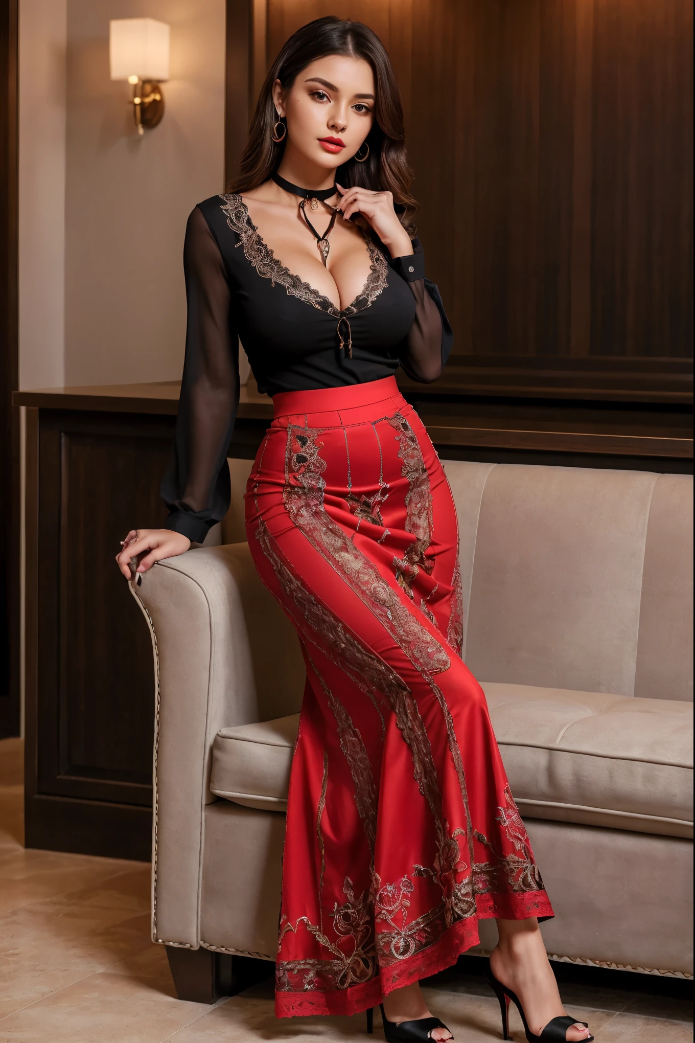 (girl in luxurious club bar, sitting on sofa), 1girl, solo girl, 20 year old girl, ((full body shot:1.5)), (Masterpiece:1.5), (hyperrealistic, hyperdetailed:1.1), (looking at viewers), sharpen, ultra realistic face, detailed face, detailed eyes, detailed lips, red lips, beautiful face, 16k, FHD, raw photo, pretty face mesh, intricate, extremely detailed, ultra realistic texture, smooth skin, realistic face, glow lip, very_high_resolution, perfect figure, fit body, attractive hair style, fancy hair ornaments, (perfect perky breast, perfect rounded breasts, large areola, cleavage), (attractive body figure), (fancy high heel),
((Fancy red maxi skirt), waistband strap skirt, bodycon maxi skirt, shapewear maxi skirt, flared maxi skirt, (bottom flared maxi skirt), (fancy blouse, neck strap, deep neck blouse, V-neck blouse, sleeves lace, embroidery blouse)), .