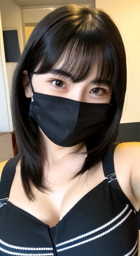 shortcut、目元はsmile、smile、With black underwear、Very obscene、((Selfie style in my room)),((student))、((very young))、((very cute))、((So adorable))、((Please wear a black non-woven mask..)),highest quality, masterpiece, ultra high resolution, (realistic:1.4), Raw photo, very detailed, perfect anatomy, 1 girl, 18-year-old, famous japanese idol, Front view, close-up of crotch,, ((emphasize the chest))