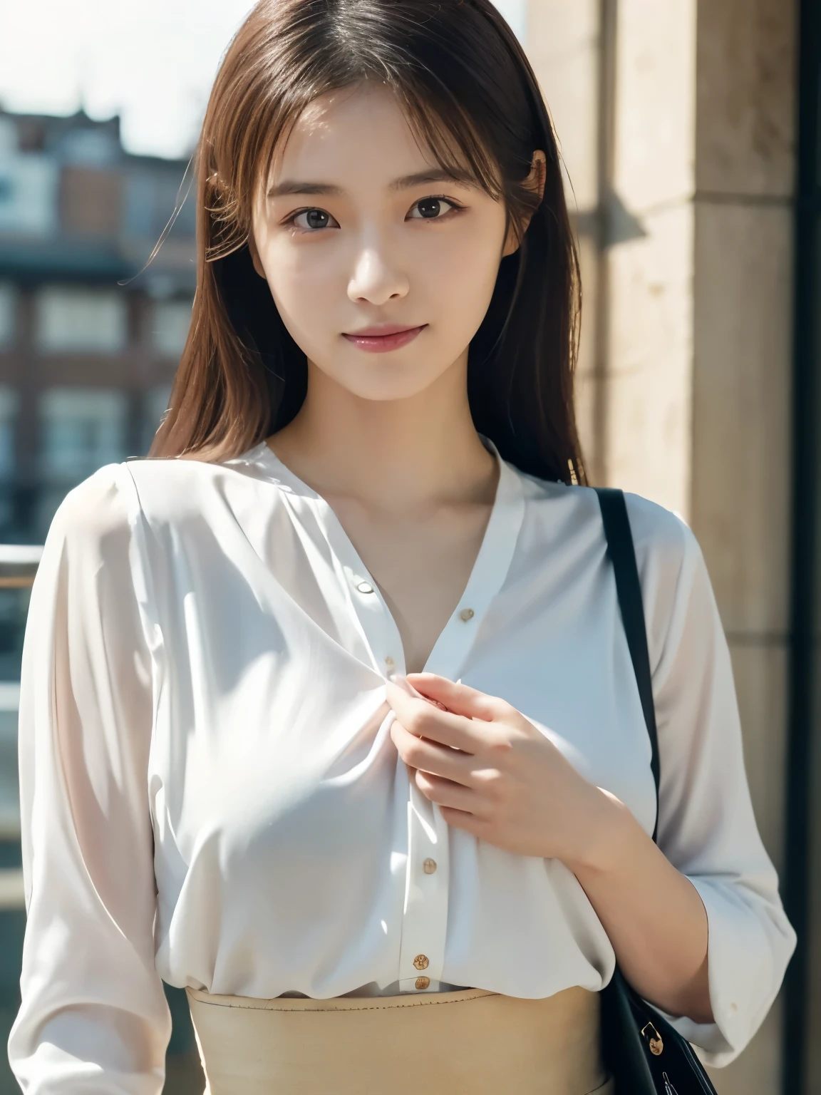 Kamimei、(Raw photography、top-quality)、(realisitic、Photorealsitic:1.3)、top-quality、masterpiece、extremely delicate and beautiful、A highly detailed、nffsw、A sense of unity、2k wallpaper、magnifica、Beautiful in every detail、masterpiece、浅笑、top-quality、Highly detailed ticker Unity 8K wallpapers、huge filesize、ultra-detailliert、hight resolution、ighly detailed、Female 1 Person、Slim body、D-cups、、(Pink skirt:1.2)、(Bun hair)、(brown haired)、looking at viewert、pureerosface_v1:0.8 Short Hair、Photos in the building district。Wearing a women's suit。White Y-shirt。Wearing a suit。Hair is black。cheeks are slightly pink。Transparent skin。A smile that makes you feel innocent。 Her eyes with、Illuminated by soft light。Her skin is shiny and shiny、Glossy、Glossy、Glossy。Loose fluffy bob,Hair swaying in the wind makes her charm even more pronounced.。(makeups:0.4)、(fluffy black eyes:1.21)、Black eyes。dark brown hair、Social media and profile pages、Park Gyu-young, female actress from korea, Cute Korean Actress。top-quality、masterpiece、extremely delicate and beautiful、ighly detailed、8k wallpaper、astonishing、finely detail、huge filesize、ighly detailed、hight resolution、extremely detailed eye and face、 Stunning detailed eyes、Facial light、(The best illustrations:1.1)、超A high resolution、(Photorealsitic:1.1)、(Photorealistic 1.2:1.1)、Realistic facial proportions、Slimed、A smile、(Irregular irregular skin defects、vein、Wrinkled pores on the skin:1.2)、、