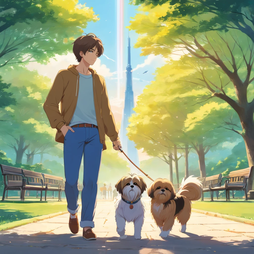 Tutor man and his Shih Tzu together in the park