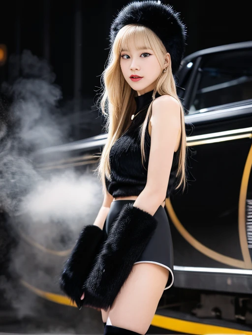 blonde、long hair、beauty、Black fur mini dress、super mini、Russian long black hat、、Long black ushanka、Tall black ushanka、black russian cossack hat、beautiful leg line、thighs、black fur cossack hat、Steam locomotive behind、line、detailed skin texture、realistic face、Super high quality、Face and body facing the front、full body image、mini skirt、black boots