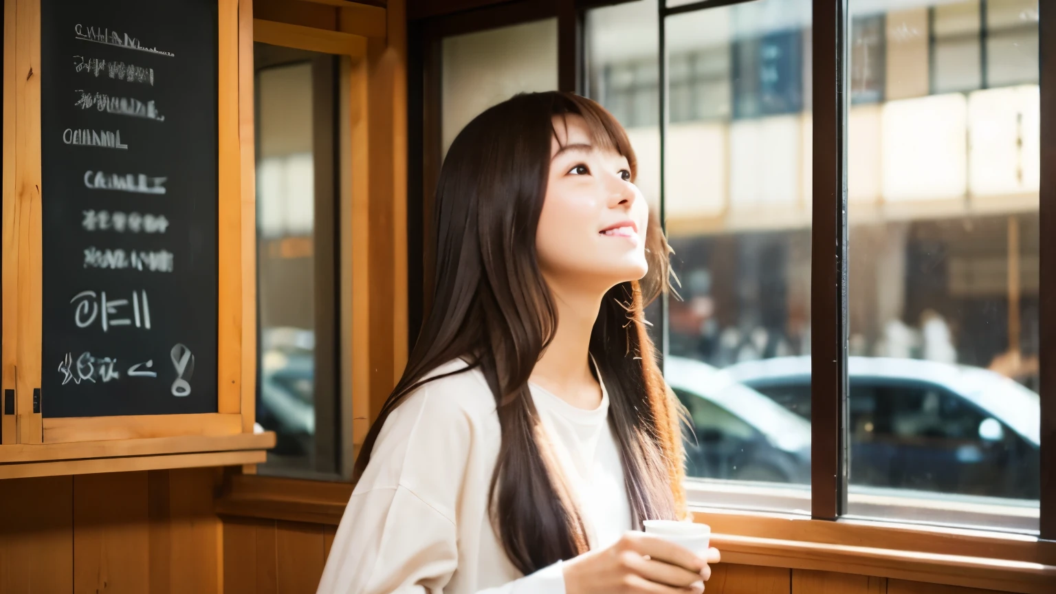 super high quality、natural brightness、日本の若いbeautiful girl、beautiful girl、Strong sadness、sit in a cafe、straight long hair、neat and clean clothes、beautiful skin quality,Inside a stylish cafe