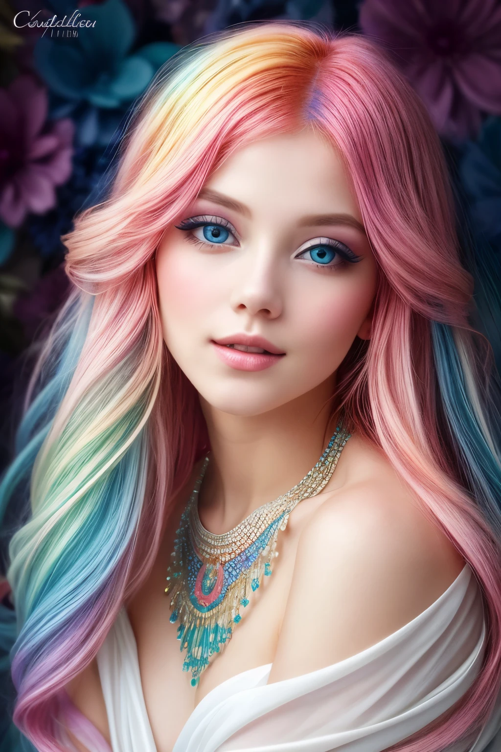 Beautiful portrait of an irresistibly seductive young girl, enveloped in the soft folds of a white, flowing cloth, alone in her enchanting allure. Her captivating blue eyes sparkle with an inner radiance, adorned with delicate jewelry that perfectly complements her ethereal beauty. Her closed mouth holds a secret, inviting the viewer to imagine the irresistible allure that lies within. Admire her multicolored hair, cascading down her shoulders like a rainbow waterfall, contrasting the plain simplicity of her attire. Her pink and rainbow hues add whimsical charm to her portfolio, while her well-groomed eyelashes