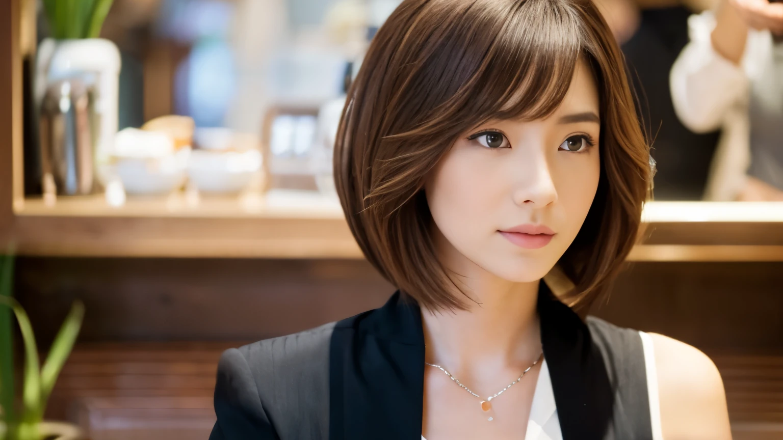 Realistic female beauty salon model, bob style hairstyle、Inside the cafe, Inside a stylish cafe