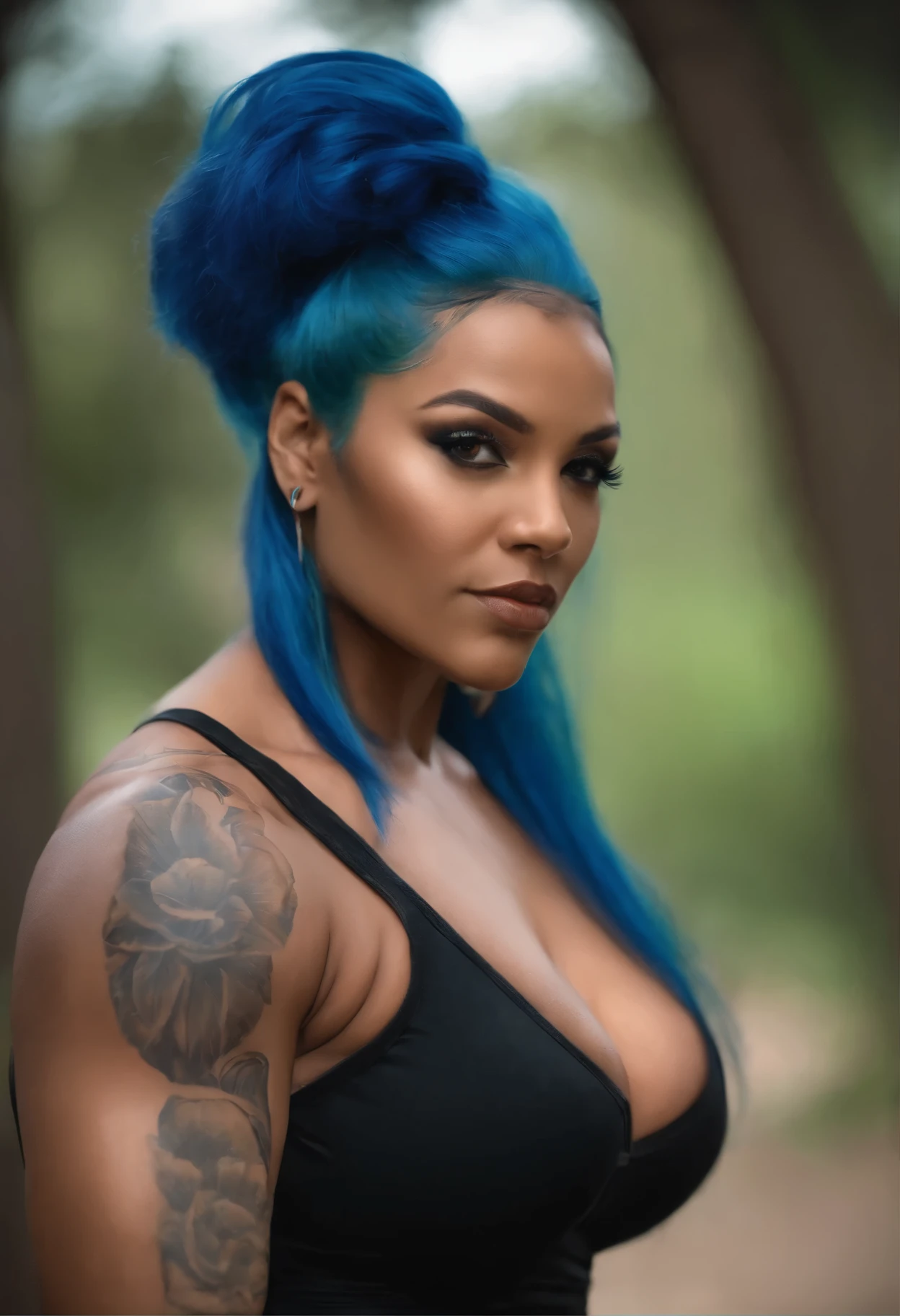 woman, blue hair, tall, big muscles, huge muscles, huge tits, big ass