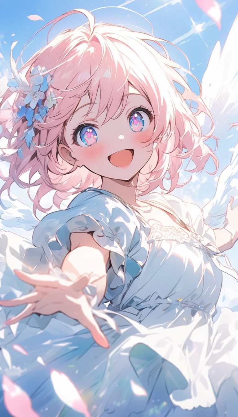 (highest quality、masterpiece、High resolution、detailed), (Shining eyes、detailed美しい顔)、beautiful anime、BREAK,In a pastel and watercolor style,
soft-colored petals are dancing in the air.
A charming Cupid with a smile is depicted, radiating happiness.
