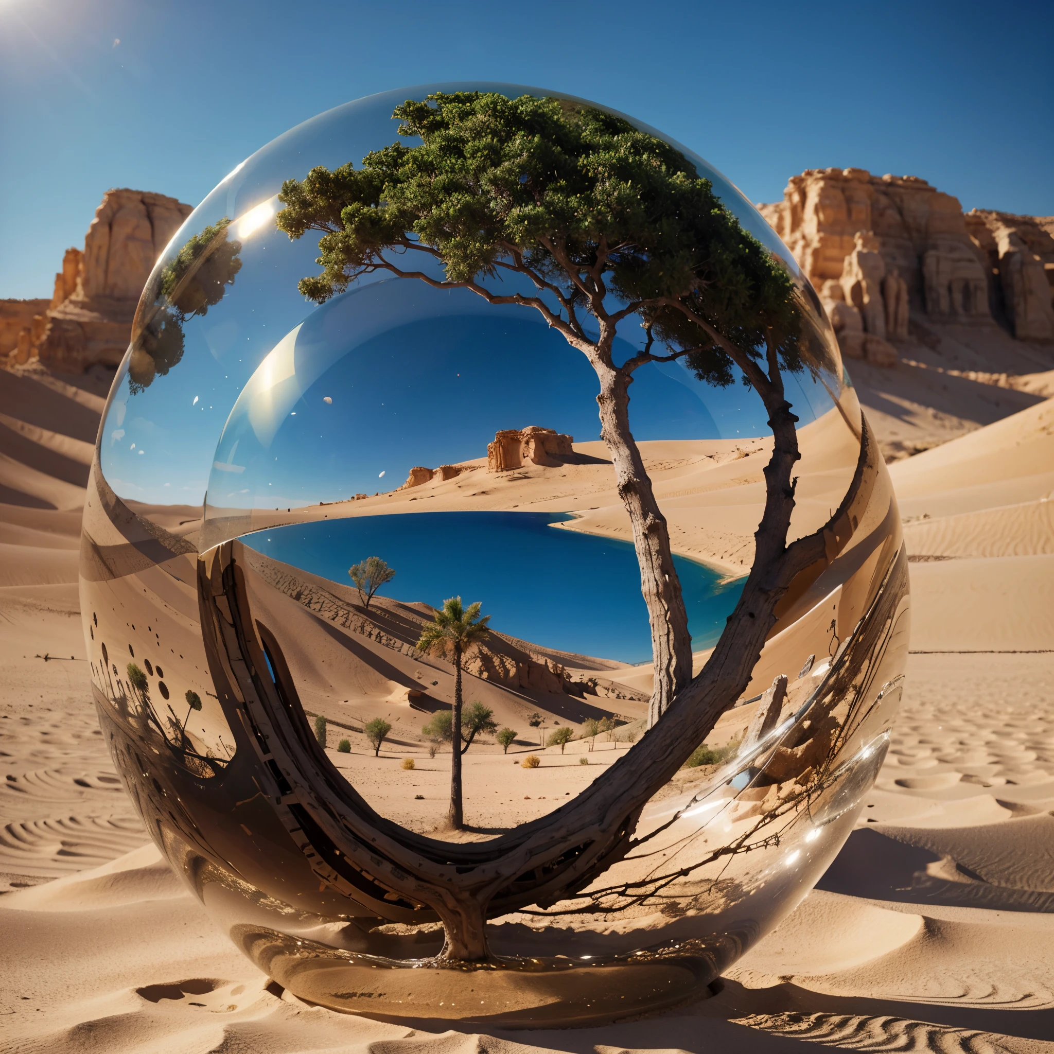 blurred image of a tree inside a glass ball in a desert landscape, tree of life inside the ball, arte digital surrealista, surrealismo 8k, arte digital surreal, arte surreal, surreal 3d rendering, 3D rendering digital art, Marcos Adams, arte conceitual surreal, 3D rendering beep, arte digital estilizada, Surrealismo 4k