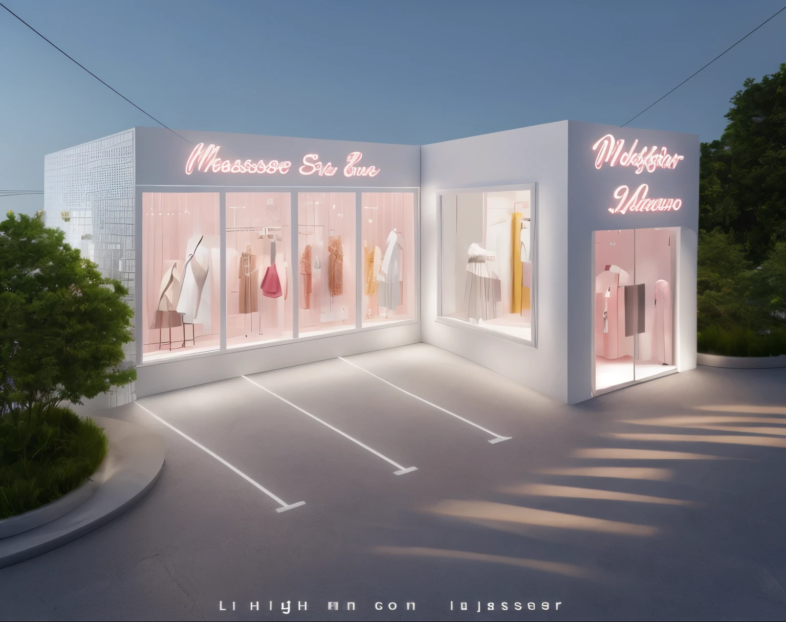 (masterpiece, best quality:1.2), exterior design, store,glass window, interior ligh,  fashion store,sign on roof,light on roof , white and pink wall, vray render