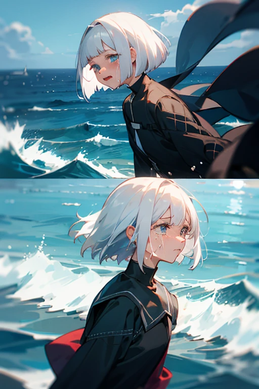 Girl, white hair, mesh, bob, crying, sea, anime