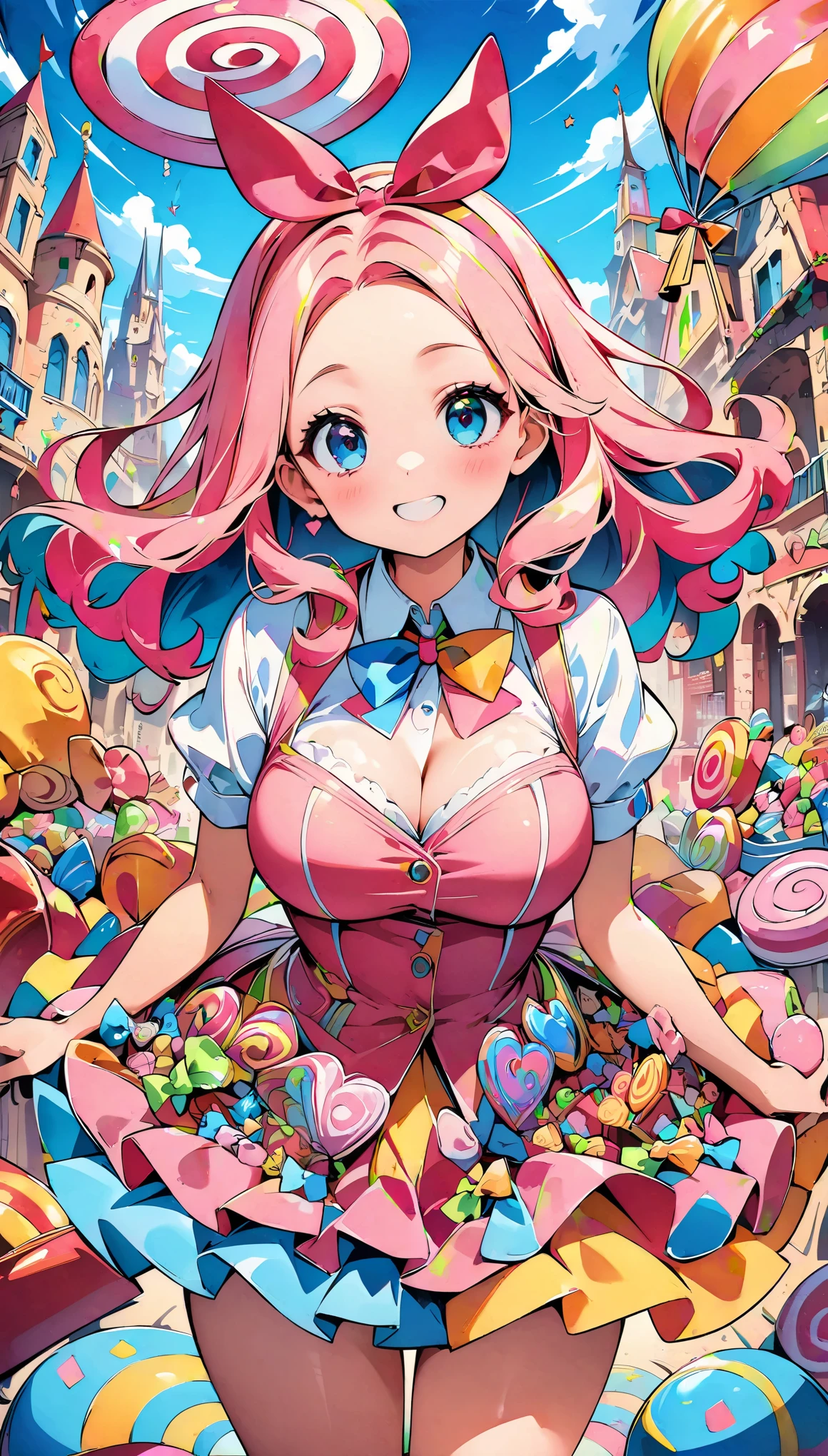 ((1 girls), solo, clevage, Big round breasts, trendy, stylish, clevage, thighs, hips, realistic, pink hair, blonde hair, light green eyes, lip gloss, detailed face, amazing big eyes, eye details, big lips, eyebrow details, blush, smirk, naughty, mischevious face, HD, good quality, kitchen, lolipop, licking lolipop, tongue, pink,
