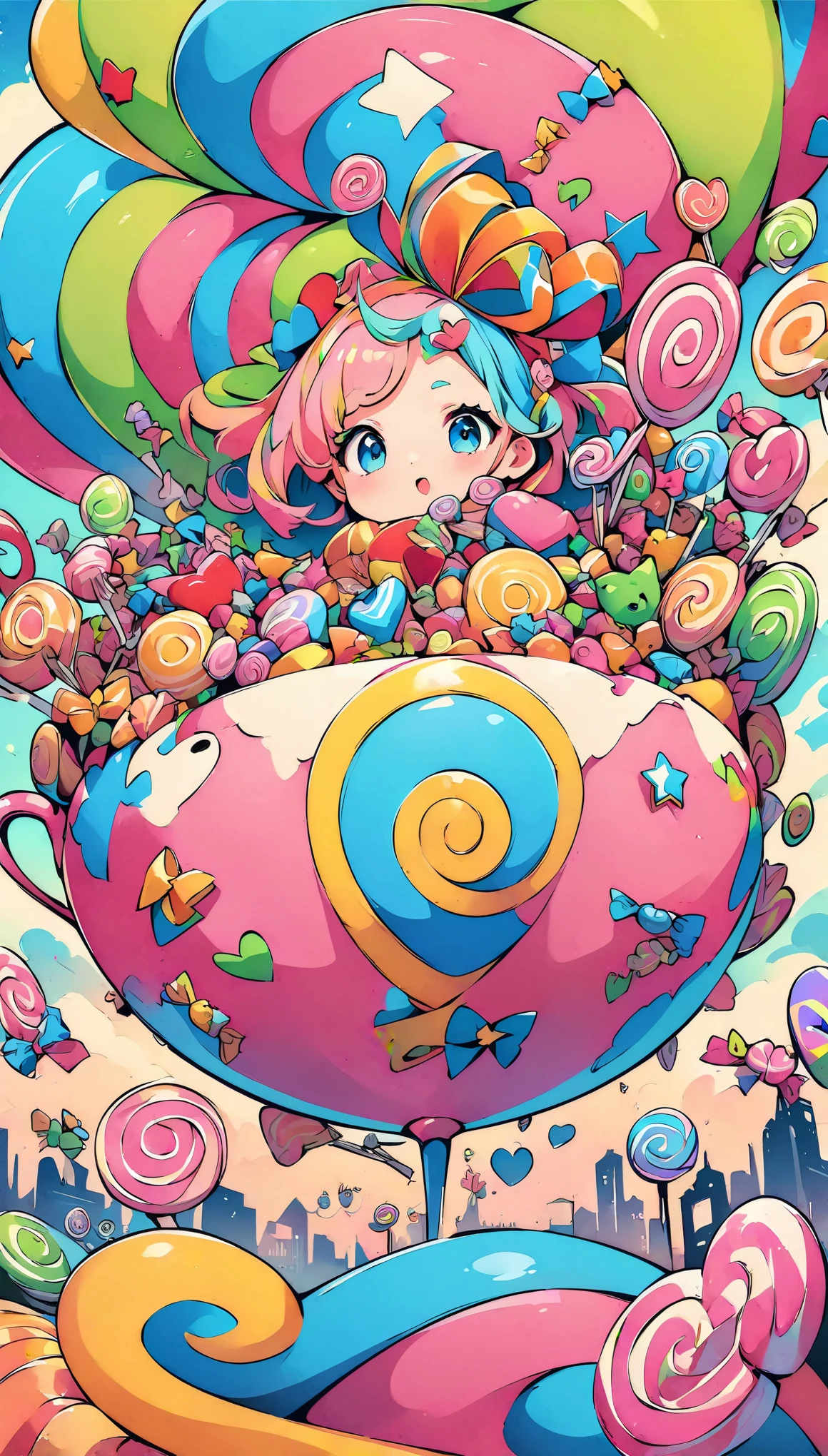 (high quality, 8k, 4k, high contrast, masterpiece:1.2, best quality, best aesthetics), (dynamic angle), Super detailed, fantasy:1.2, (Candy Land), beautiful appearance, pop art、Candy Castle、candy、colorful、big、Comic style、bright colors、pastel colour、playful expression、City of sweets, pinup style, bubblegum pink, ((It's filled with lots of candy)), pop art スタイル, Whimsical, interesting, Bright style,