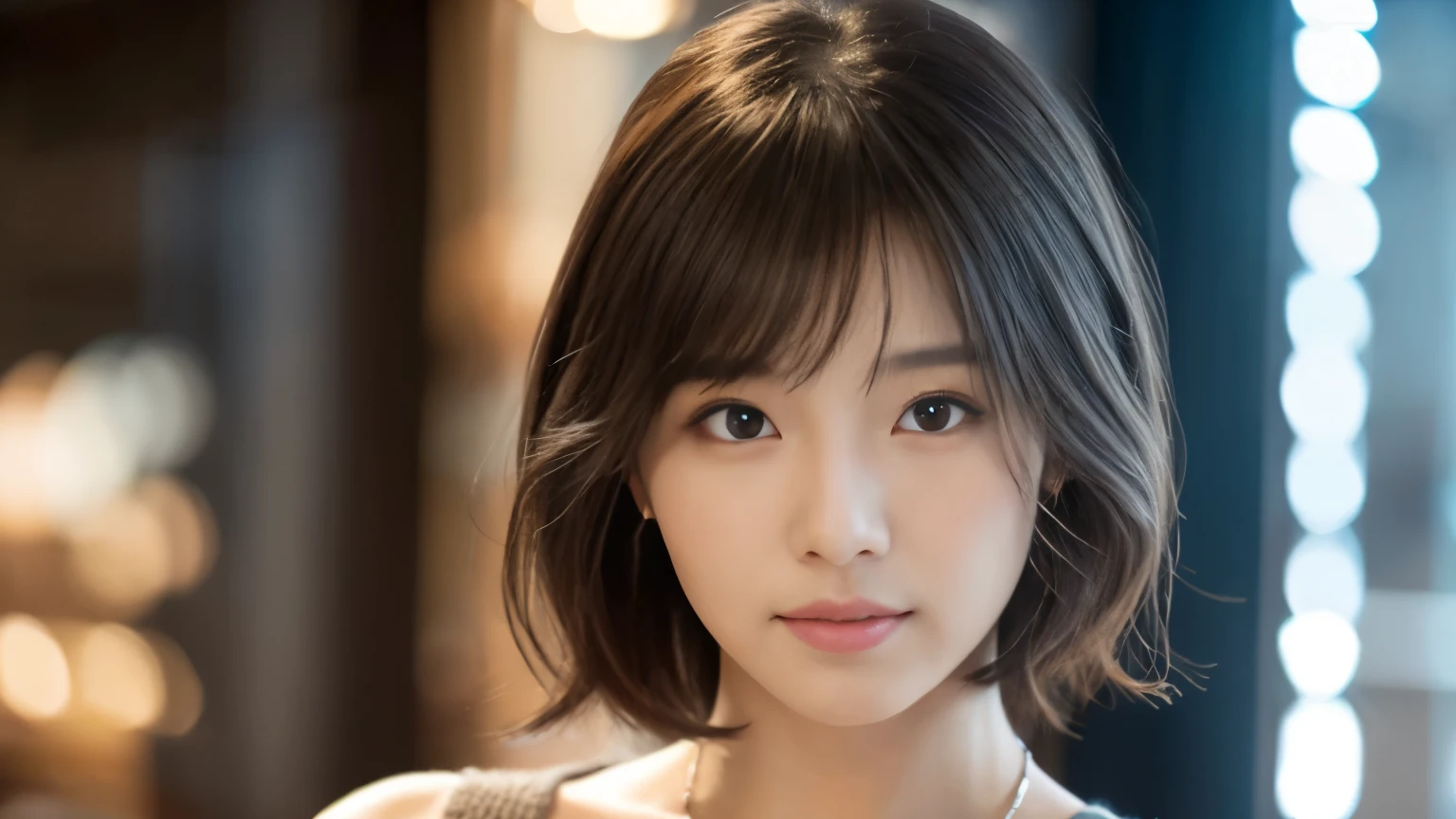 (highest quality、8K、32k、masterpiece、nffsw:1.2)、Photographed inside the cafe, cute日本人女性の写真、very short bobbed hair、Upper body、surface focus、extra large_sweater、necklace、cafe background、Viewer search x4、(8K、Raw photo、highest quality、masterpiece:1.2)、(realistic、Photoreal:1.37)、1 girl、cute、professional lighting、photon mapping、Physically based rendering、gradient brunette hair、short curly hair、good looking、excellent image quality、High resolution、1080p、(cute face)、(Detailed facial description)、(Detailed Hand Explanation)、(Masseter muscle part)、(Detailed CG)、 extreme light and shadow、hair is dirty、masterpiece、Rich details、(exquisite features)、(best image quality)、(masterpiece)、(detailed eye)、delicate clavicle、various poses、Don'Don'don't look at the camera、profile、Photographed inside the cafe、spring clothes、simple necklace、knit,Inside a stylish cafe