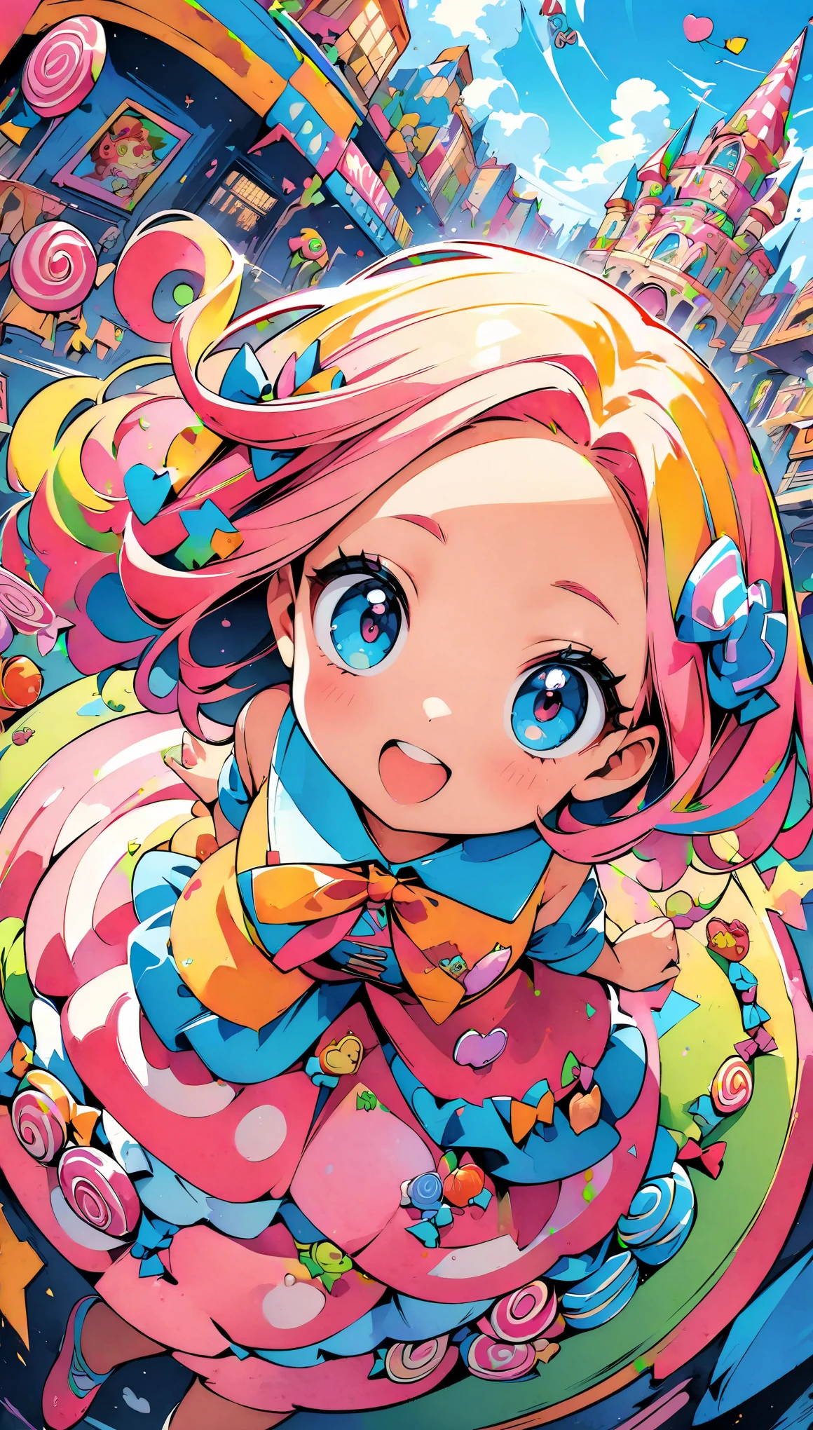 (high quality, 8k, 4k, high contrast, masterpiece:1.2, best quality, best aesthetics), (dynamic angle), Super detailed, fantasy:1.2, (Candy Land), beautiful appearance, pop art, Candy Castle, candy, colorful, big, Comic style, bright colors, pastel colour, playful expression, City of sweets, pinup style, bubblegum pink, ((It's filled with lots of candy)), pop art スタイル, Whimsical, interesting, Bright style,