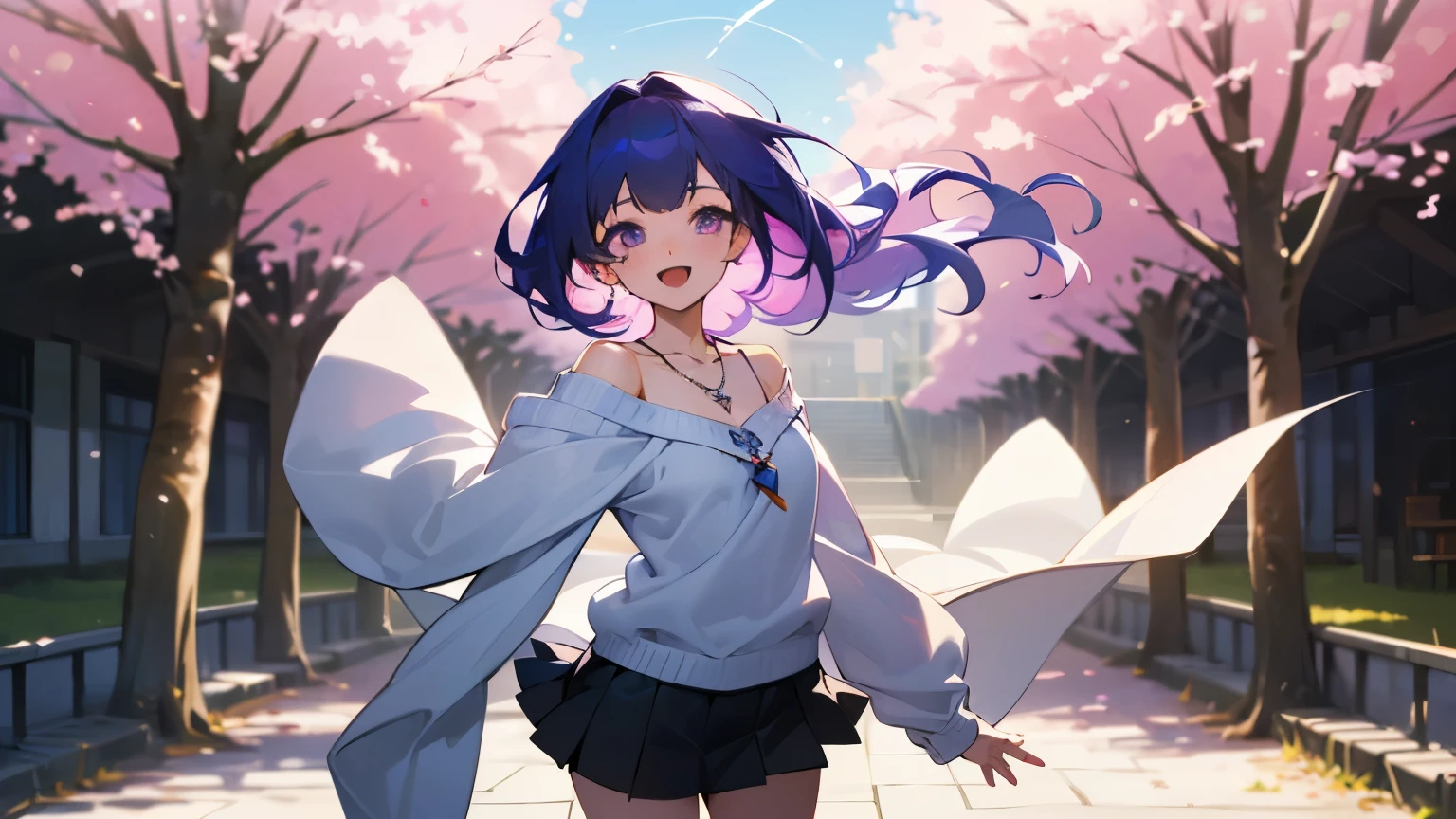 (top quality、​Masterpiece、very high resolution、Ultra high quality、High quality pixels)、(She is a mysterious and charming woman, And she is already 18 years old,1 person,single,alone:1.5)、(she is a very beautiful woman，Has a beautiful face)、(Beautiful face written in detail,Beautiful body,strong-willed eyes,purple eyes,beautiful colored hair,Beautiful skin texture)、(Beautiful hair,Various hairstyles)、(She is slender，The chest is a D cup)、(charming look,cute smile,Smile, open mouth,),(Wearing a long-sleeved sweater,mini skirt,1 necklace,Shoulders exposed),(Cherry tree盛开的小路,Cherry tree),(model pose,model shoot,Magazine Shoot,Hair fluttering under the influence of wind),The wind is blowing、beautiful art style, animated characters、(The whole picture、detailed picture、precise anatomy、defect free image、extremely detailed pictures、accurate image、perfect image 1.5)、(Best photo shoot 1.2)