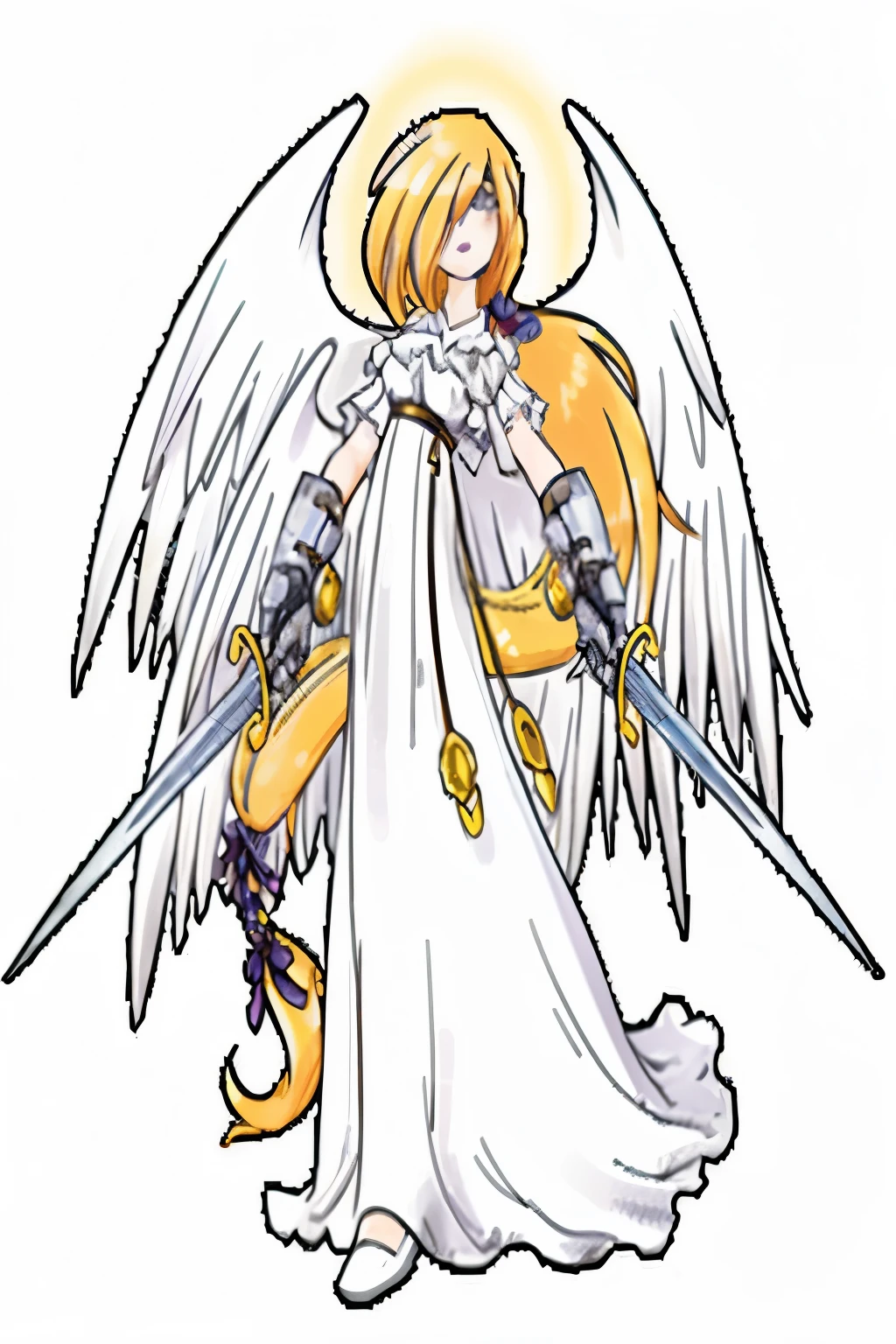 an angel with a sword and a hat on, seraphim, angel knight girl, angewomon from digimon, glamorous angewoman digimon, full - body majestic angel, angel knight gothic girl, angel in plastic armor, angemon l sitting at the thrown, knights of zodiac girl, angel, angelical, an angel, angelic, angelic golden armor
