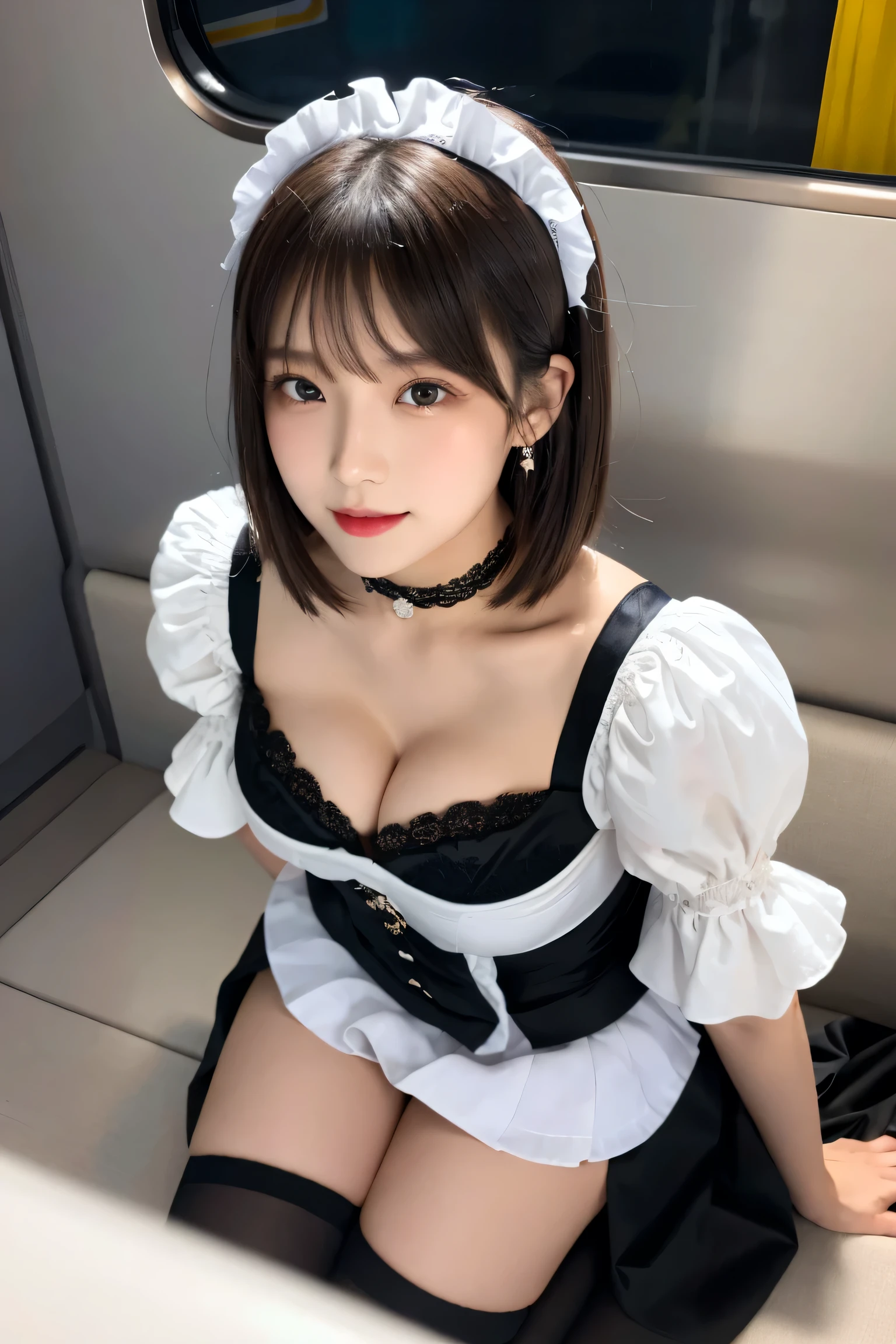 japanese girls、18yo girl、ple short hair、Blond Hair、bangs、BROWN EYES、Perfect figure、Sense of transparency、luster、glosodest chest、BREAK (Japanese Landmine Fashion:1.2), (black dress with ruffled sleeves and lace hem:1.4), ((mini length, fitted bodice):1.5), (black lace petticoat:1.3), (black knee-high socks with lace trim:1.3), (black platform shoes with jewels and ribbons:1.3), (black handbag with chains:1.3), ((black choker, earrings, and rings:1.2)、Burning body、hposing Gravure Idol、On the train、Beautiful feet、Strong sunlight、Nasty、Rain-drenched body、wet、actress、hposing Gravure Idol、Nogizaka Idol、korean idol, BREAK , skin color, huge breasts, laughter, (8K, RAW photo, highest quality, masterpiece: 1.2), masterpiece, super detailed, 超A high resolution, (realistic and realistic photos: 1.37), High-definition RAW color photo, very delicate and beautiful, very detailed, 8k wallpaper, amazing, detailed, very detailed目, very detailed肌, very fine fingers, hvery detailed nose, very detailed口, perfect anatomy, Translucency、Transparency、18years old,Italy、American、Australia, BREAK ((upturned eyes)),((Angle from above:1.3)),from above、Looking at camera, BREAK (gyaru:1.1),(torpedo gigantic breasts, cleavage),(Glamour:1. 3),(maid ,Racing Model:1.3),