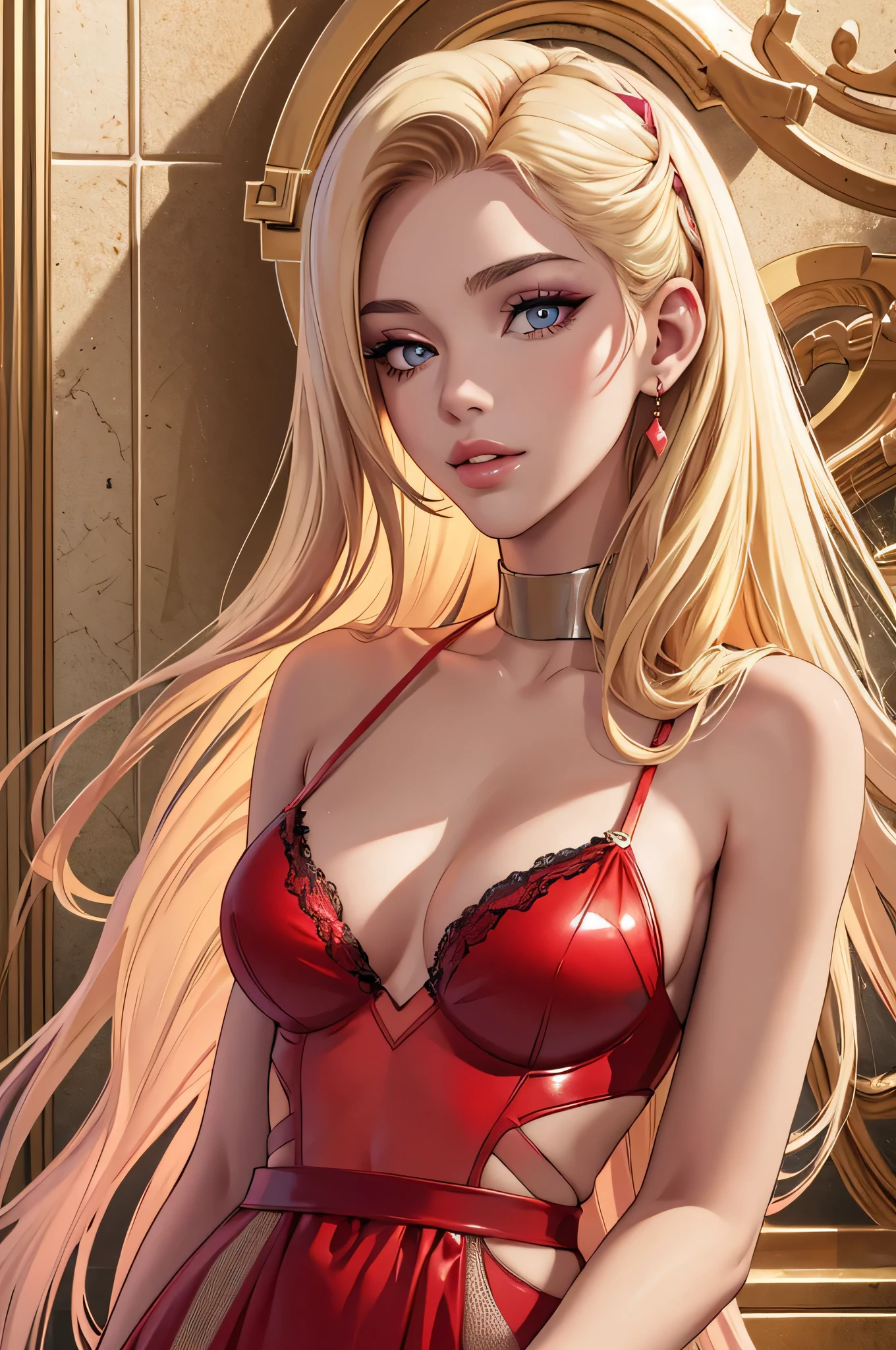 (masterpiece, top quality, best quality, official art, beautiful and aesthetic:1.2), young (1girl:1.3), (wearing torn red dress:1.3), (blonde:1.3) hair, long hair, (colorful eyes:1.3), extremely detailed, colorful, (highly detailed CG illustration), (looking at viewer), cinematic light, solo, half body, (character focus), ),Cath, extravagant makeup, full lips, sexy pose, clothes ASIDE , used condoms, partially naked, shiny skin, red lingerie