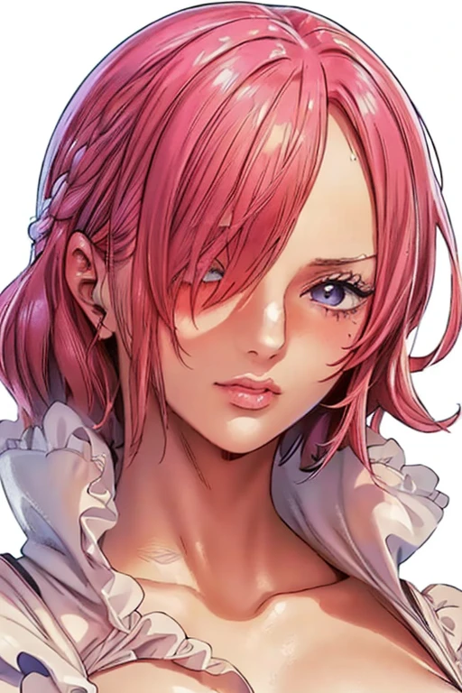 (((masterpiece))), (((best quality))), ((ultra-detailed)), (highly detailed CG illustration), vinsmoke reiju, (nsfw:1.4), (masterpiece:1.5), Detailed Photo, Sexy, (Best Quality: 1.4), (1girl), Beautiful Face, (Pink Hair, short Hair: 1.3), Beautiful Hairstyle, beautiful detail eyes, (realistic skin), beautiful skin, absurd, attractive, ultra high resolution, high definition, (sexually aroused:1.5), Pinkish white skin, cool white light, sexy pose, Beautiful , white background, pink soft white light, Wear a white dress, (Hair covering right eye: 1.5), wife, incoming face, kissing camera