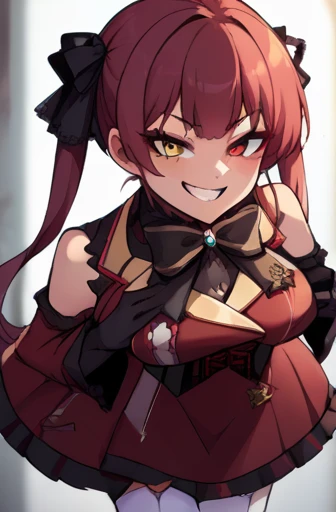 score_9, score_8_up, source_anime, 1girl, solo, BREAK <lora:houshou_marine_sdxl_pony:1> marine_gothic, twintails, long hair, red dress, frills, detached sleeves, black gloves, corset, black ribbon, black bowtie, white thighhighs, red eyes, yellow eyes, grin, leaning forward, breast lift, large breasts