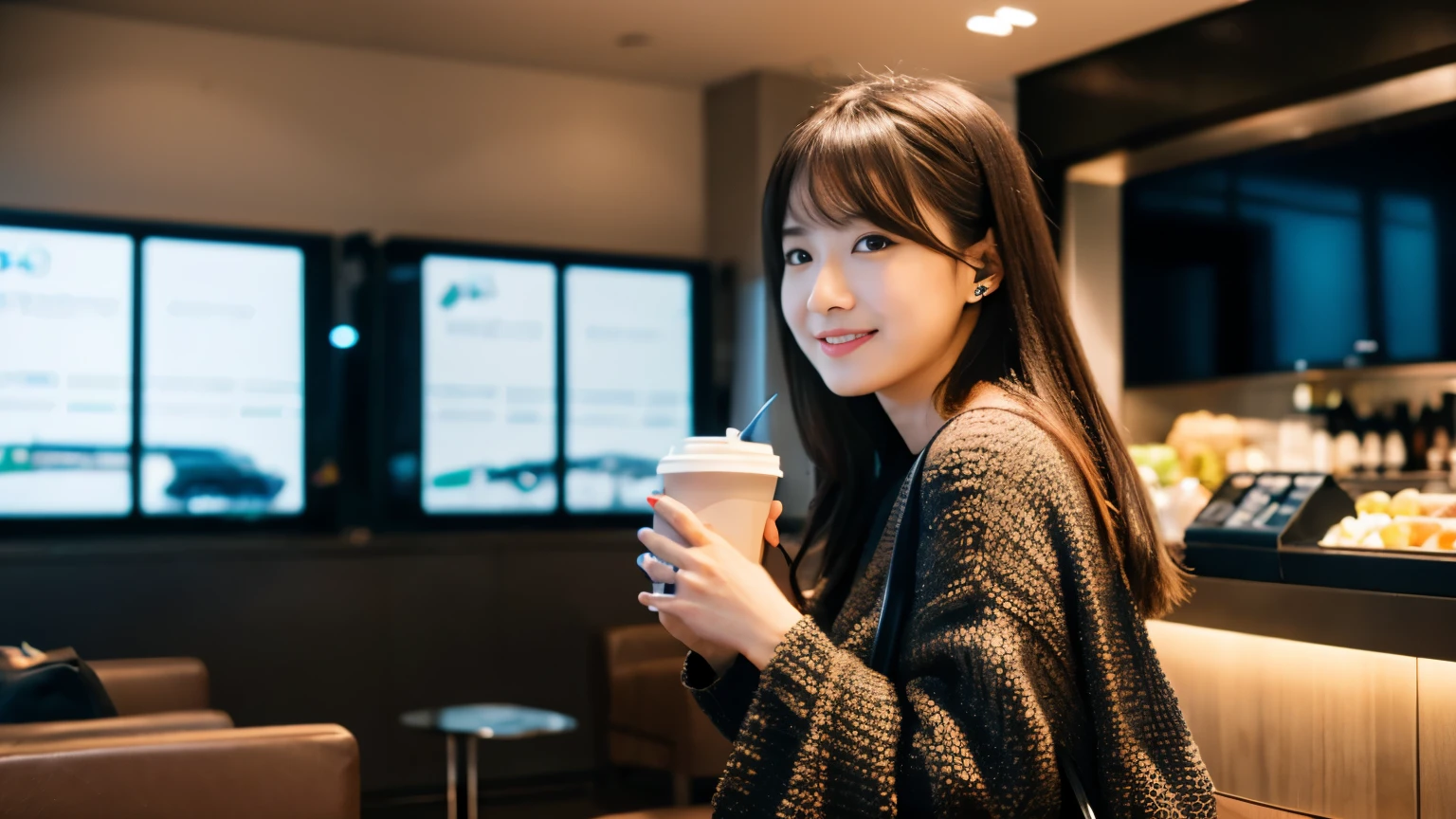 super high quality、Airport lounges、日本の若いbeautiful girl、beautiful girl、You can see the planes before departure from the lounge window.、A Japanese idol drinking coffee while waiting for her flight to depart、neat and clean clothes、beautiful skin quality,お洒落なAirport lounges店内
