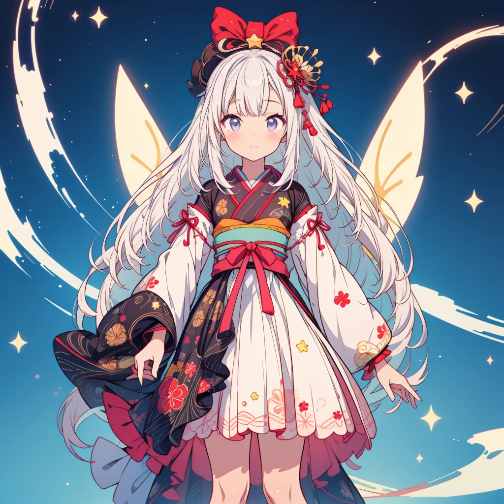 highest quality、８K,handsome face、vtuber-halfbody、A picture of the front straight towards the viewer、Star Fairy、Full body front portrait、front、1girl,highest quality、masterpiece、official art、Super detailed、super beautiful、Cute Star Fairy、white hair straight ショート、Milky Way、universe、star charm、star、baby face、Knee-high boots、Japanese pattern dress、A beautiful girl wearing black and white clothes that are a remake of a yukata.、Oiran frill dress reminiscent of universe、Colorful portraits