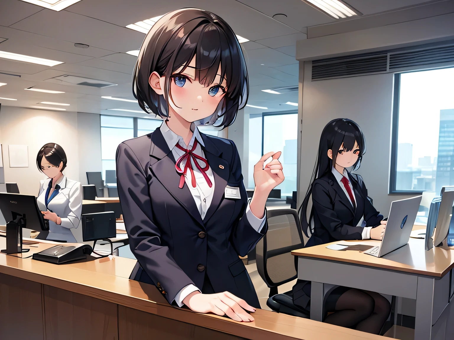 (masterpiece、highest quality、High resolution、realistic pictures、real looking skin:1.1)、
(The company&#39;s receptionist is working while sitting politely in the office chair at the reception desk.:1.8)、
(As a receptionist, she sits gracefully in an office chair and guides customers.:1.8)、
(She has a troubled look:1.5)、
(She is wearing a white reception blazer and miniskirt set.:1.8)、
(She is wearing black high heels:1.5)、
(Since I&#39;m working at the reception desk, I have my shirt buttoned up to the first button, a ribbon around my neck, and all the buttons on my blazer are fastened.:1.8)、
(black short hair:1.5)、
(The location is an office chair at the reception desk of the general reception center.:1.5)、
1 Japanese girl、solo、full body esbian、beautiful eyes、shining eyes、Shining thighs、NSFW