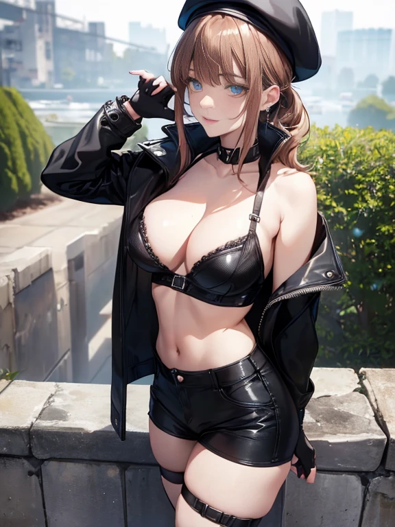 23 years old, (milf:1.2), (solo:1.3), (sfw:1.25), sexy breast, beautiful breasts, (medium tits:0.7), thin waist, big ass:1.0, Raised sexy, (black beret, black jacket, open clothes, cleavage, midriff, black shorts, black thighhighs, thigh strap, fingerless gloves, single glove:1.2), blue eyes, light smile, big , Revimpling fabric, earrings, Hand gloves, detailed face,(smoking a cigarette:1.0),long hair,side ponytail,hair between eyes,bangs,detailed and beautiful eyes,beautiful detailed lips,Rolling her eyes,manner,hair over one eye, (ultra high resolution, 8K RAW photo, photo realistics, thin outline:1.3, clear focus), best qualtiy, natural lighting, textile shading, field depth, (Bright pupils, fine detailed beautiful eyes with highlight:1.3, high detailed face), Red lip, fine realistic skins:1.1, looking down viewers:1.3, (dynamic angle:1.3, front view:1.1, breast focus:1.3, from above:1.2), (dynamic posing:1.5, sexy posing:1.2),Youghal, side lock, hair ornaments,nice,garden background,artistic rendering,Super detailed,(highest quality,4k,8K,High resolution,masterpiece:1.2),Bright colors,studio lighting ,at military base in usa