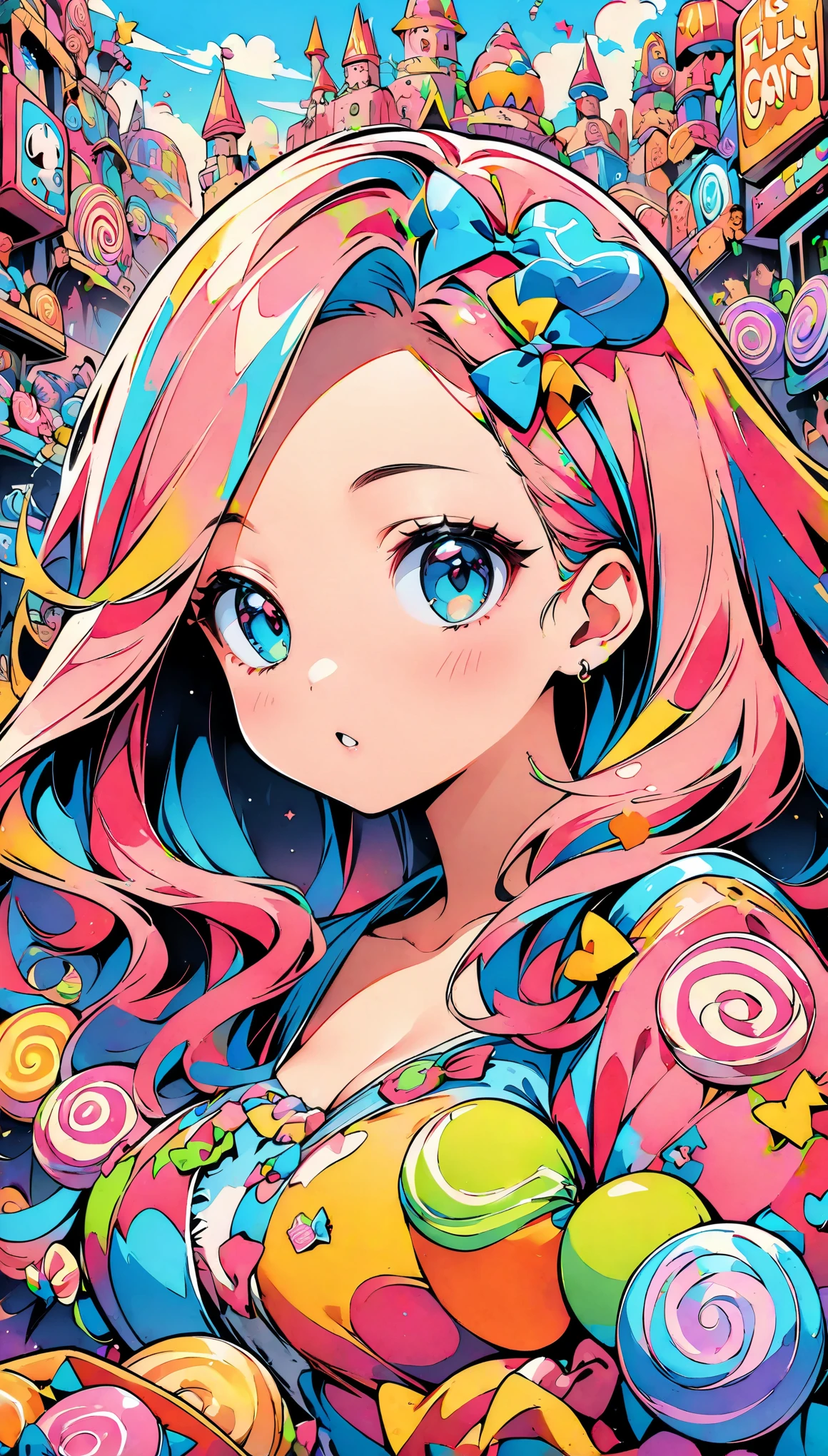 (high quality, 8k, 4k, high contrast, masterpiece:1.2, best quality, best aesthetics), (dynamic angle), Super detailed, fantasy:1.2, (Candy Land), beautiful appearance, pop art, Candy Castle, candy, colorful, big, Comic style, bright colors, pastel colour, playful expression, City of sweets, pinup style, bubblegum pink, ((It's filled with lots of candy)), pop art スタイル, Whimsical, interesting, Bright style,