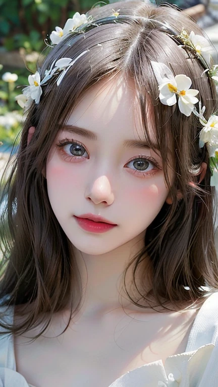 ((best quality: 1.2)), ((masterpiece: 1.2)), (detailed), perfect face, Ultra realism, 1 Apsara, most beautyfull girl in the univerese,
posing in heaven,
beautiful white flowers in suroundings,
((pure white goddess dress: 1.2)),
white clouds,
(((a little crown made of flowers))) on head,
extremely detailed,
((cinematic shot))
(female anatomy)
((long white hairs:1.2))
((white hairs:1.1))
(((young apsara)),
detailed eyes,
photo realistic,
depth of field,
fair skin:1.2,