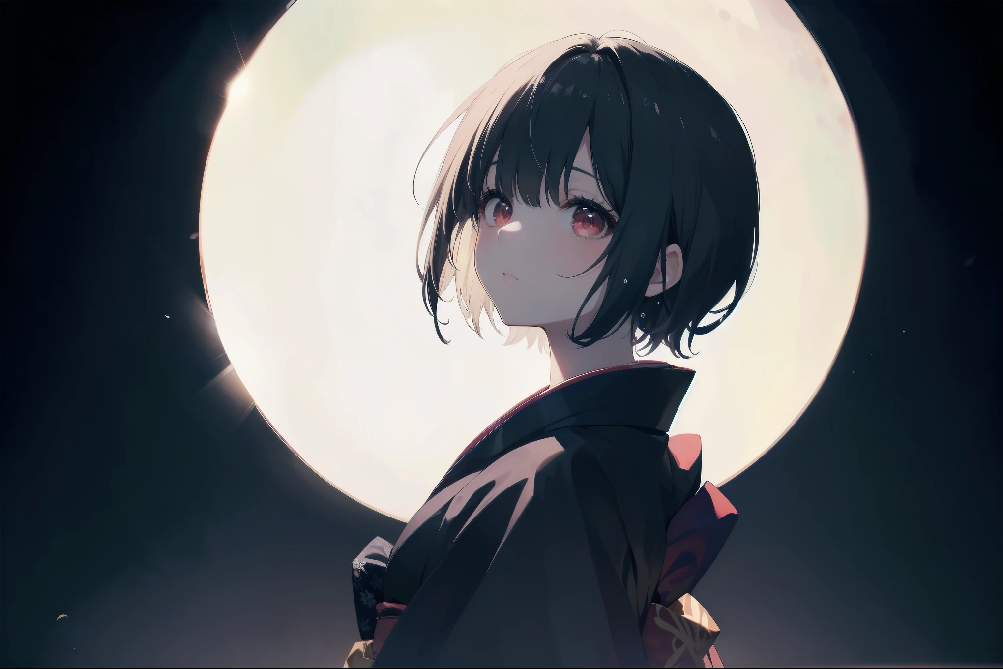 Dynamic angle, Perspective, (Backlight, Dark:1.5), Illustration, Top quality, Masterpiece, High resolution, Very delicate and beautiful, Very detailed wallpaper, Original, 1girl, Lolita, White skin, Short hair, Dark hair, Dull fringe, Fine eyes, Red eyes, (Black kimono:1.2), Japanese, Moon beauty, Cute



